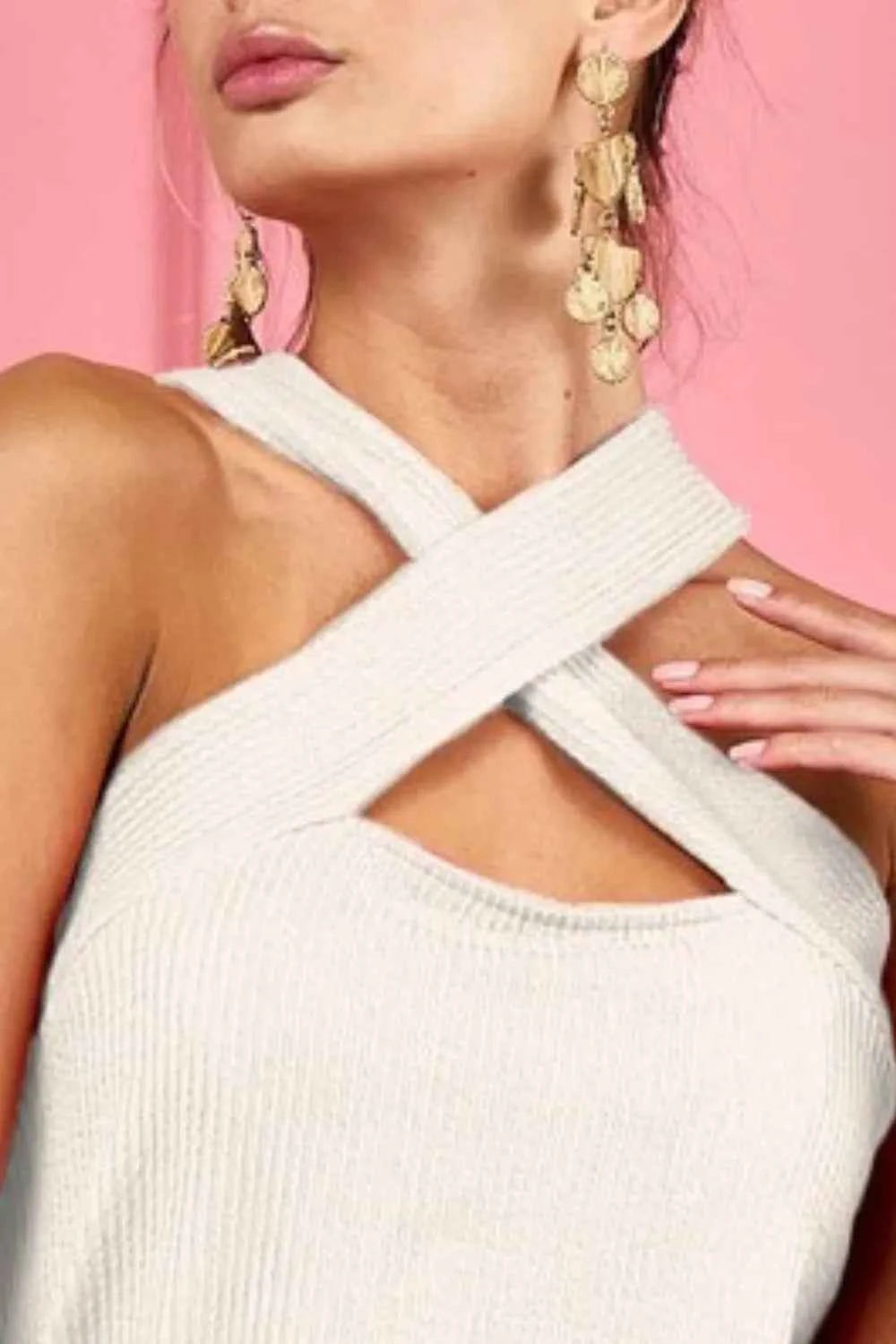 BiBi Lace Knit with Cut Out And Cross Neck Banded Top