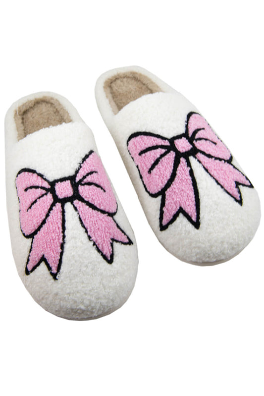 White Cute Bowknot Pattern Fuzzy Winter Home Slippers – Plush Slip-On