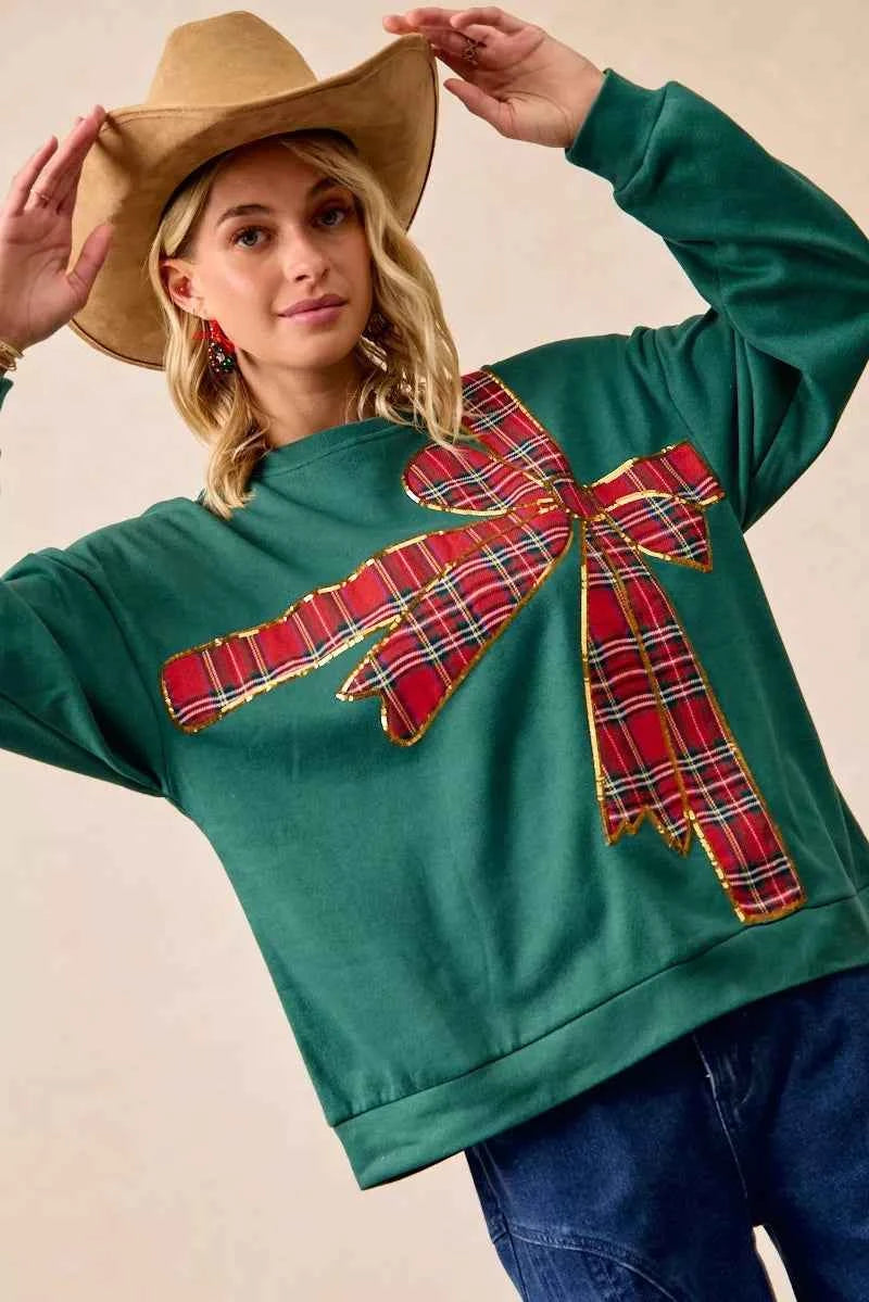 BiBi Plaid Ribbon Bow Detail Christmas Fleece Women's Sweatshirt
