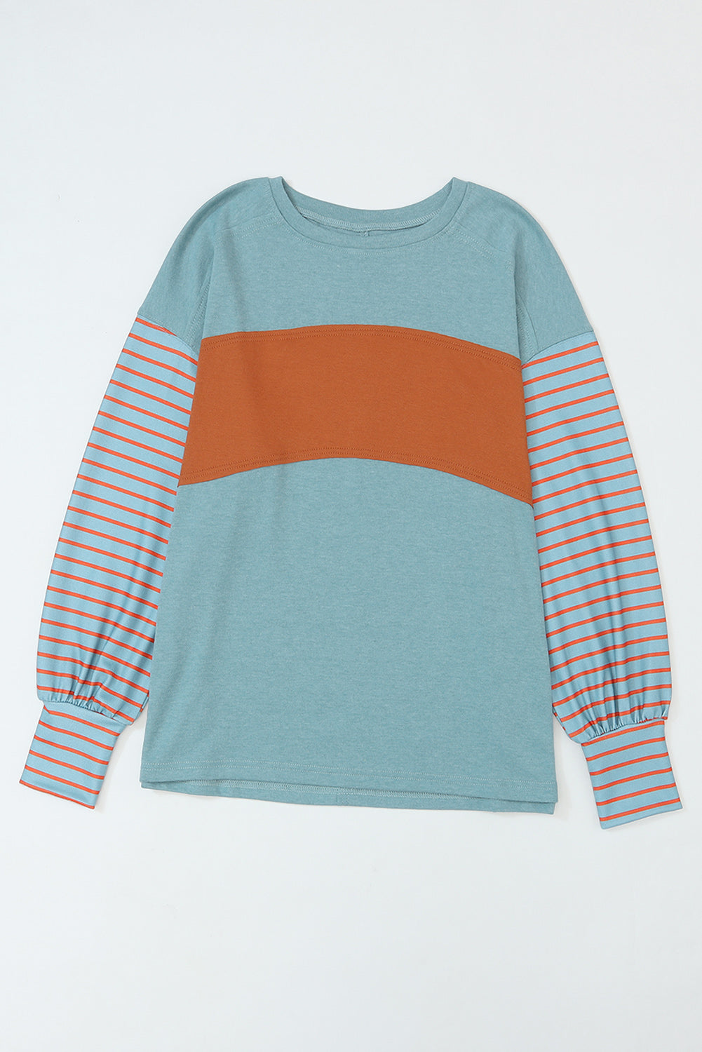 Green Colorblock Striped Bishop Sleeve Top with Side Slits Women's Top - The Eggy's store