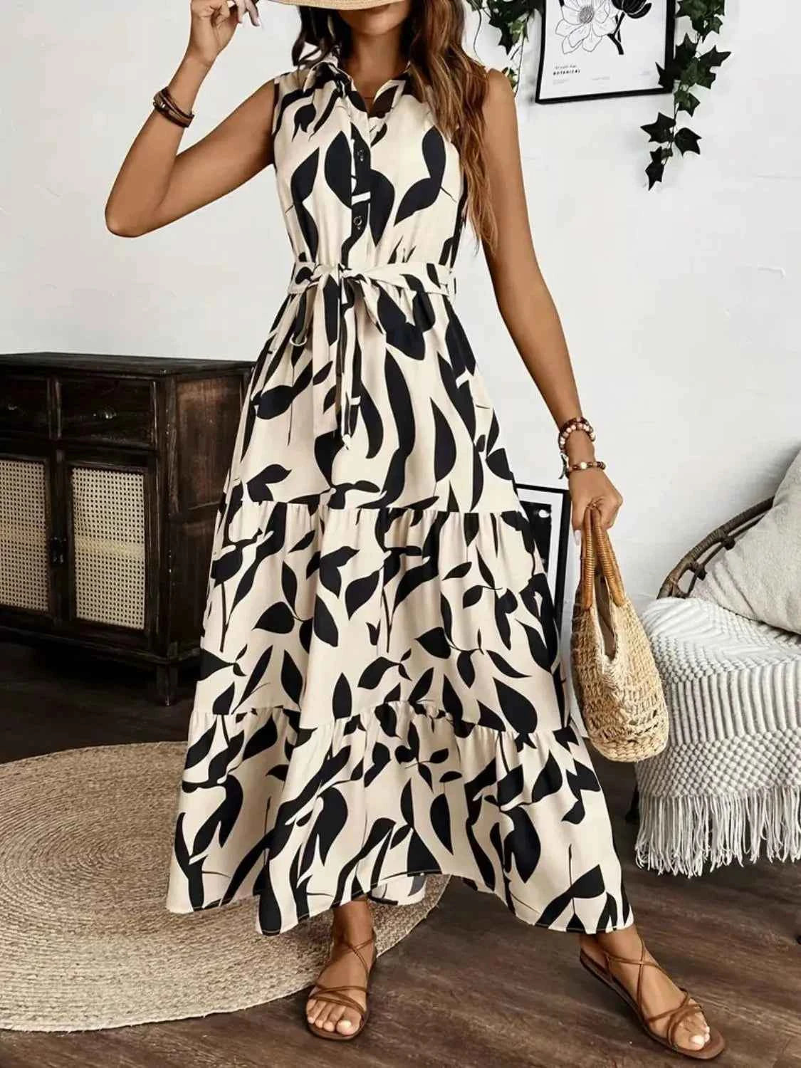 Printed Tie Waist Sleeveless Maxi Dress