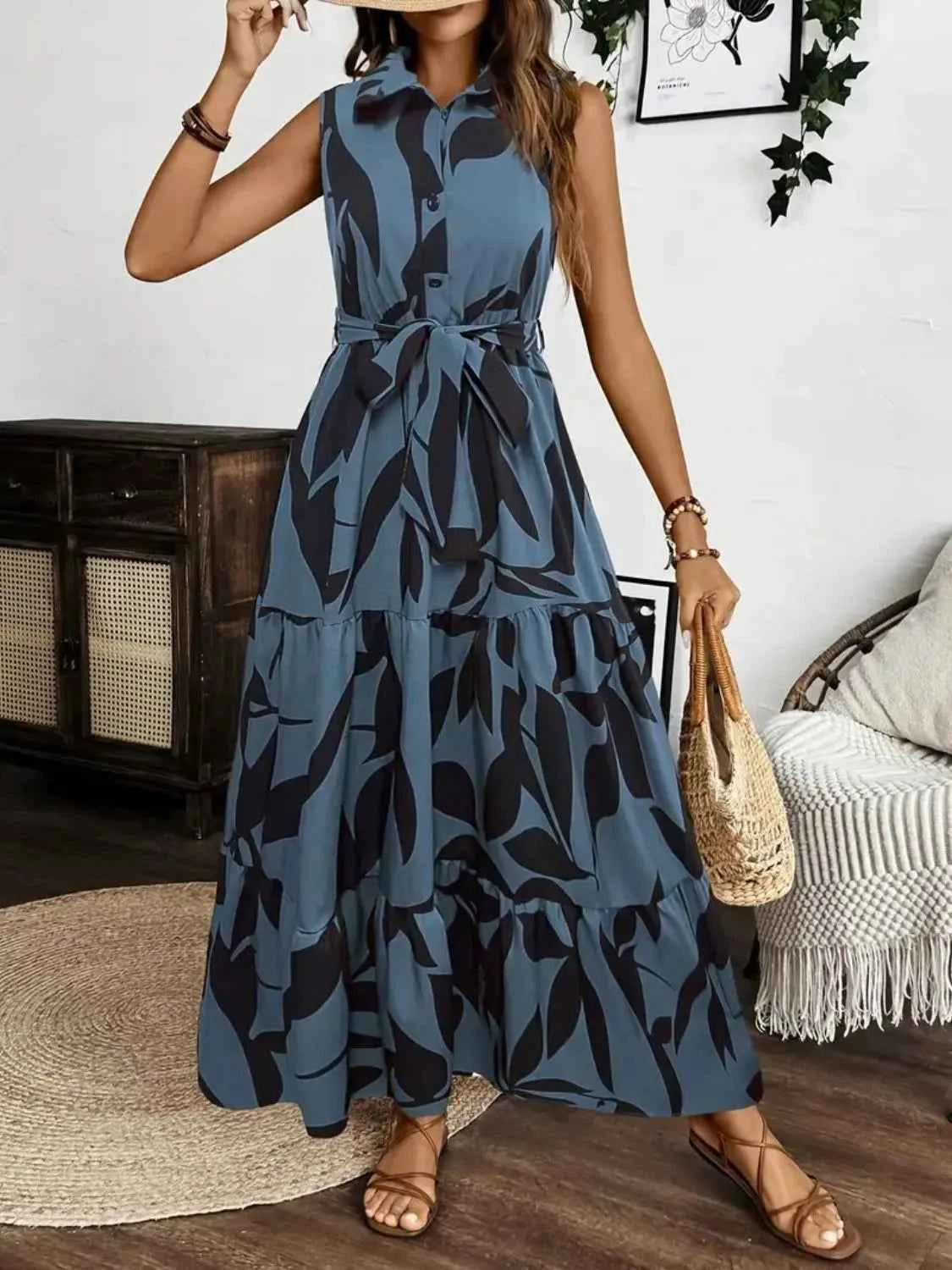 Printed Tie Waist Sleeveless Maxi Dress
