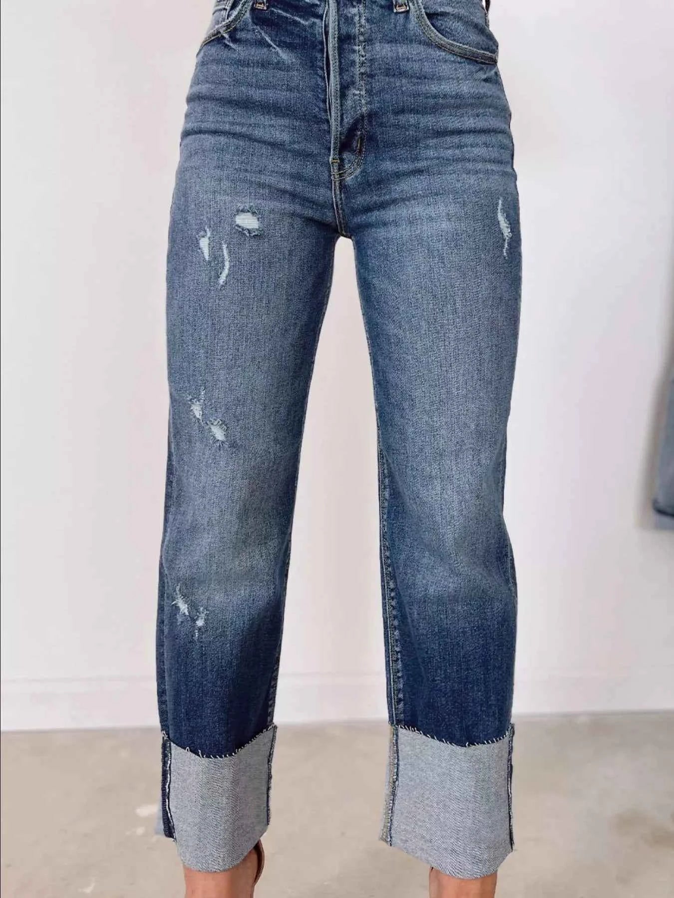 High Waist Distressed Straight Leg Jeans
