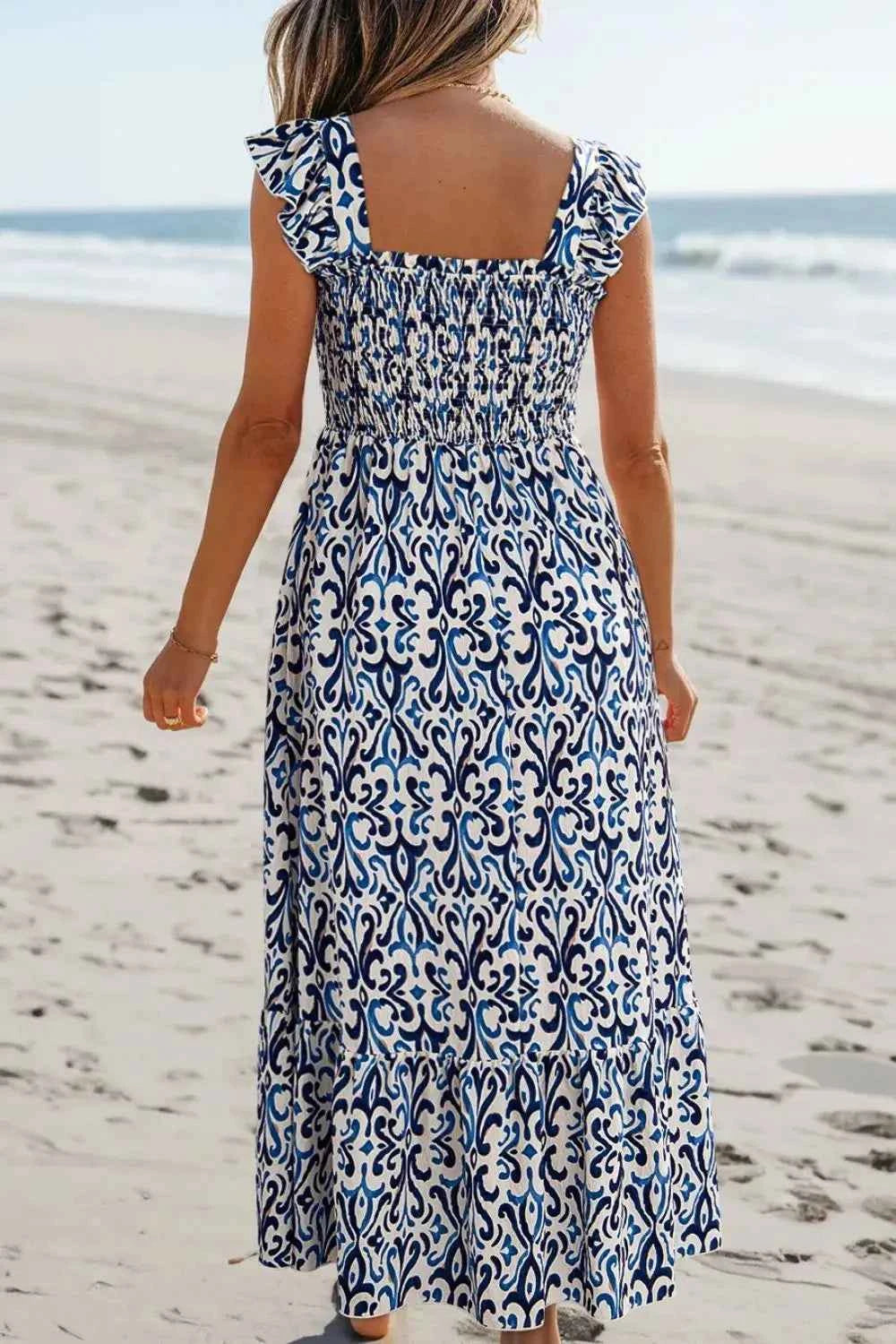 Smocked Printed Square Neck Boho Tiered Midi Dress