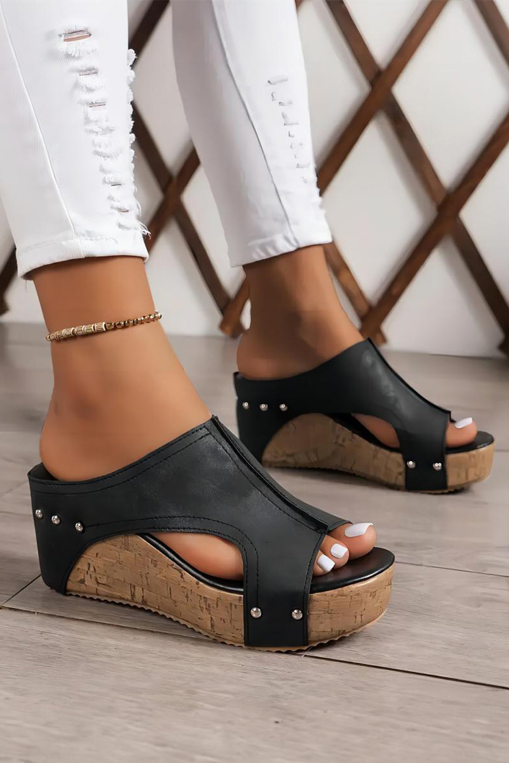 Chestnut Hollow Out Studded PU Leather Wedge Sandals