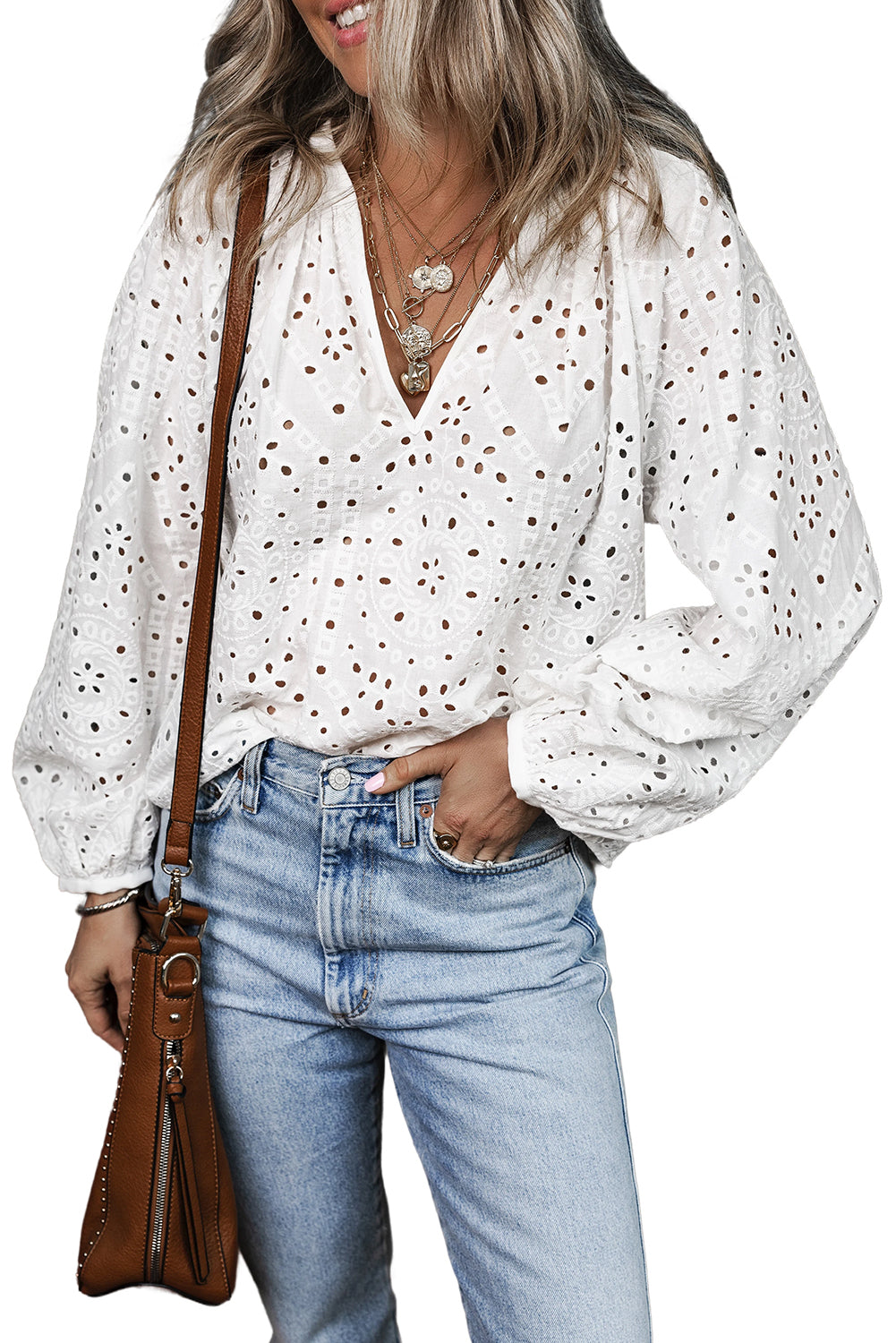 White Eyelet Embroidered Puff Sleeve V Neck Blouse - The Eggy's store