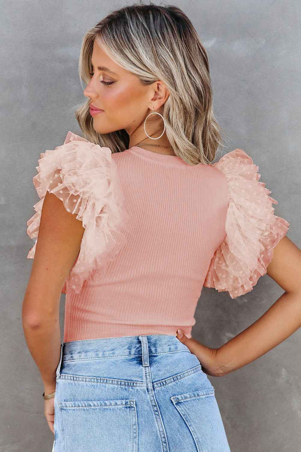 Pink Casual Dotty Layered Ruffle Ribbed Knit Top