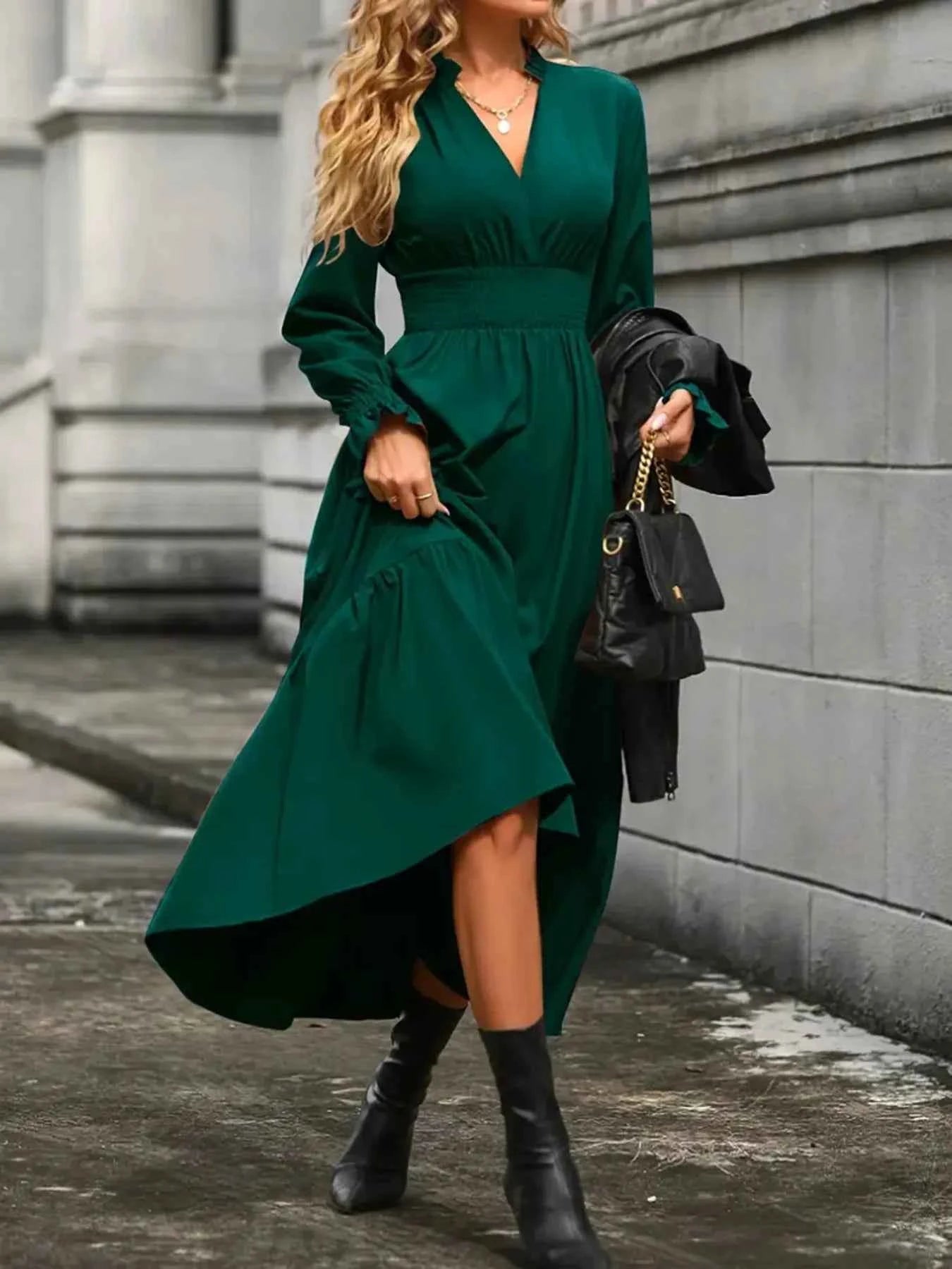 Notched Long Sleeve Tiered Dress