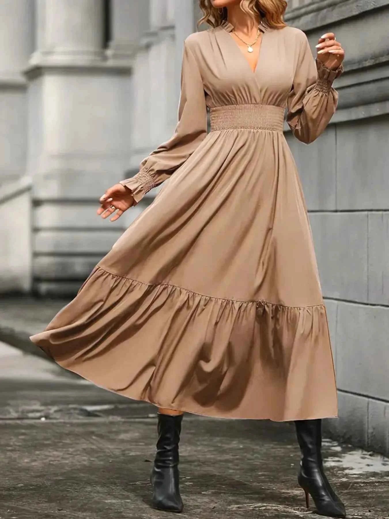 Notched Long Sleeve Tiered Dress