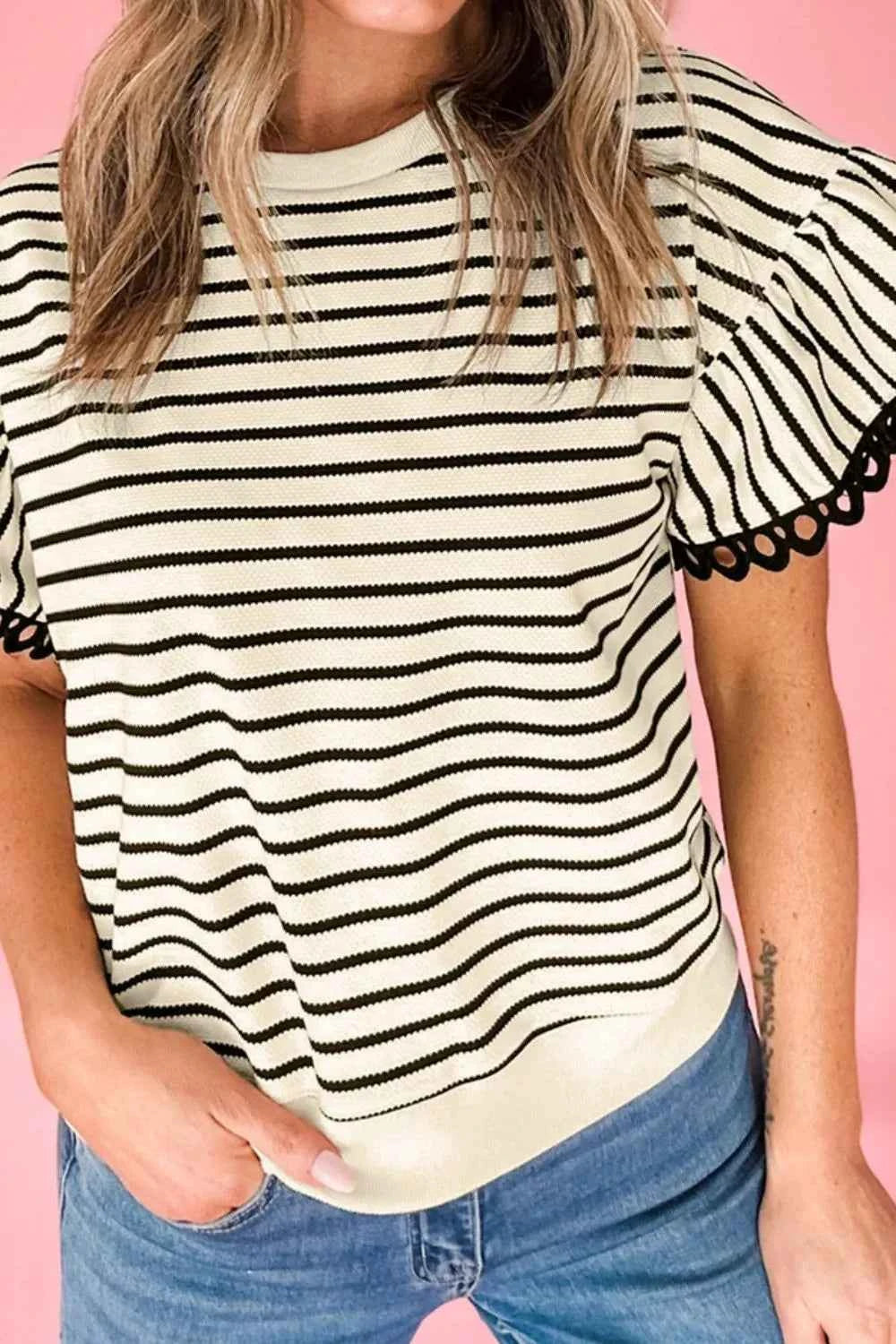 Striped Round Neck Ruffle Sleeve Blouse
