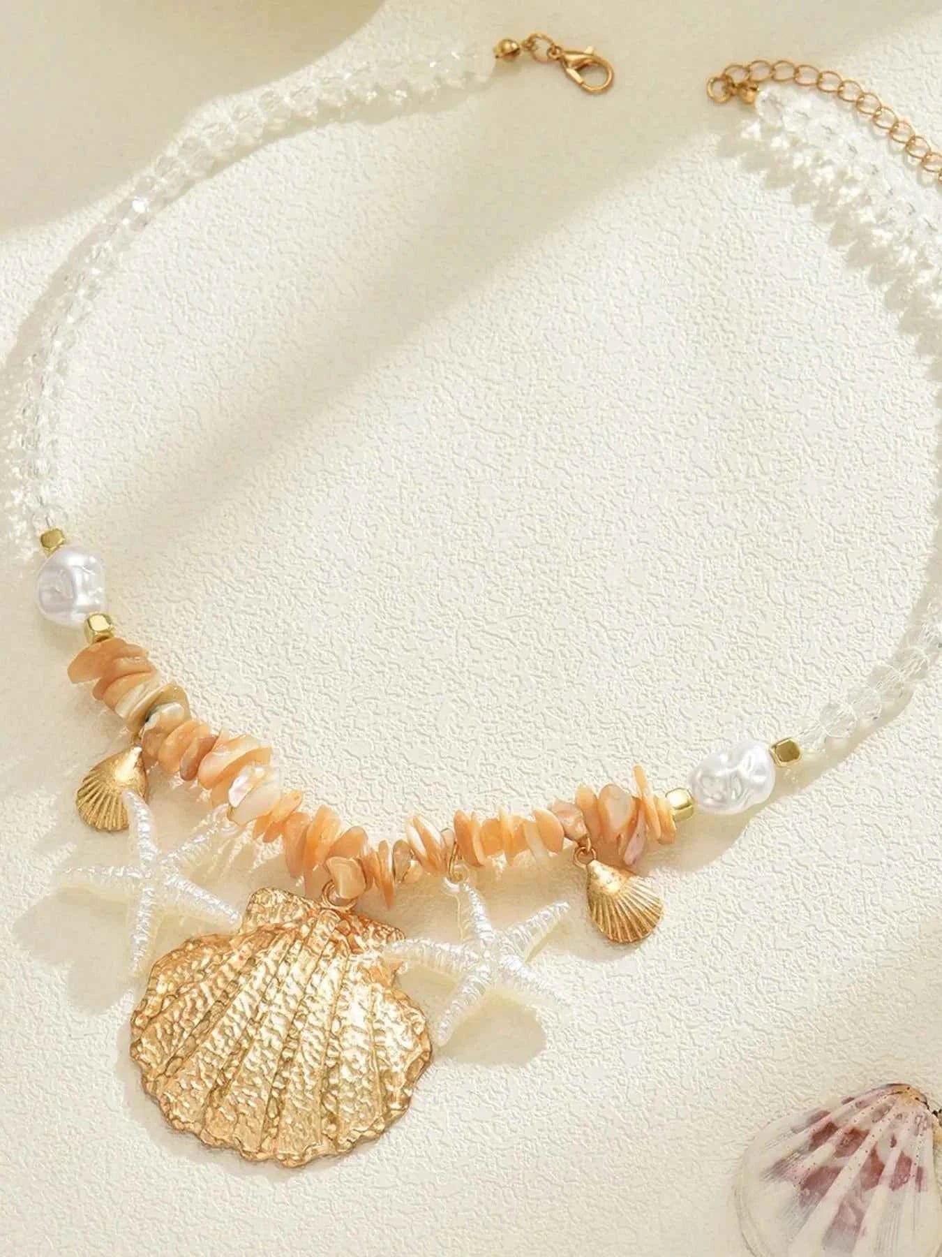 18K Gold-Plated Starfish & Shell Beaded Beach Necklace