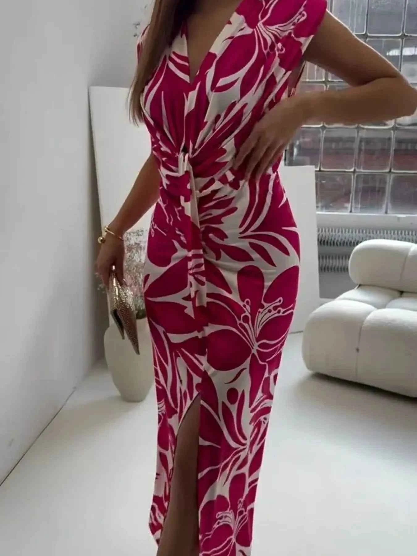 Full Size Slit Printed V-Neck Midi Dress Plus Size