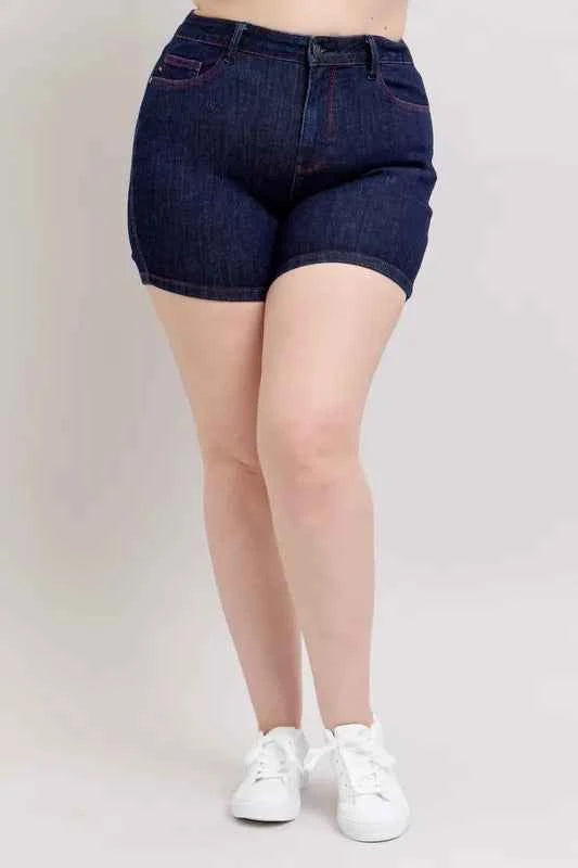 Judy Blue Full Size High Waist Heart Shaped Pkts & Red Contrast Thread Denim Shorts Plus Size