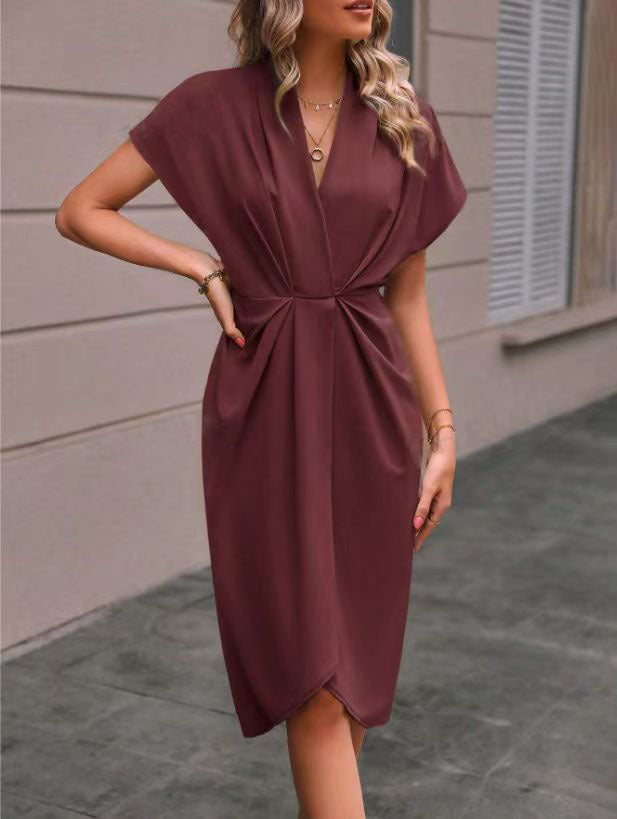 Summer Batwing Sleeve Dress - Stylish V-neck Pleated Short Sleeve Dress for Women - The Eggy's store