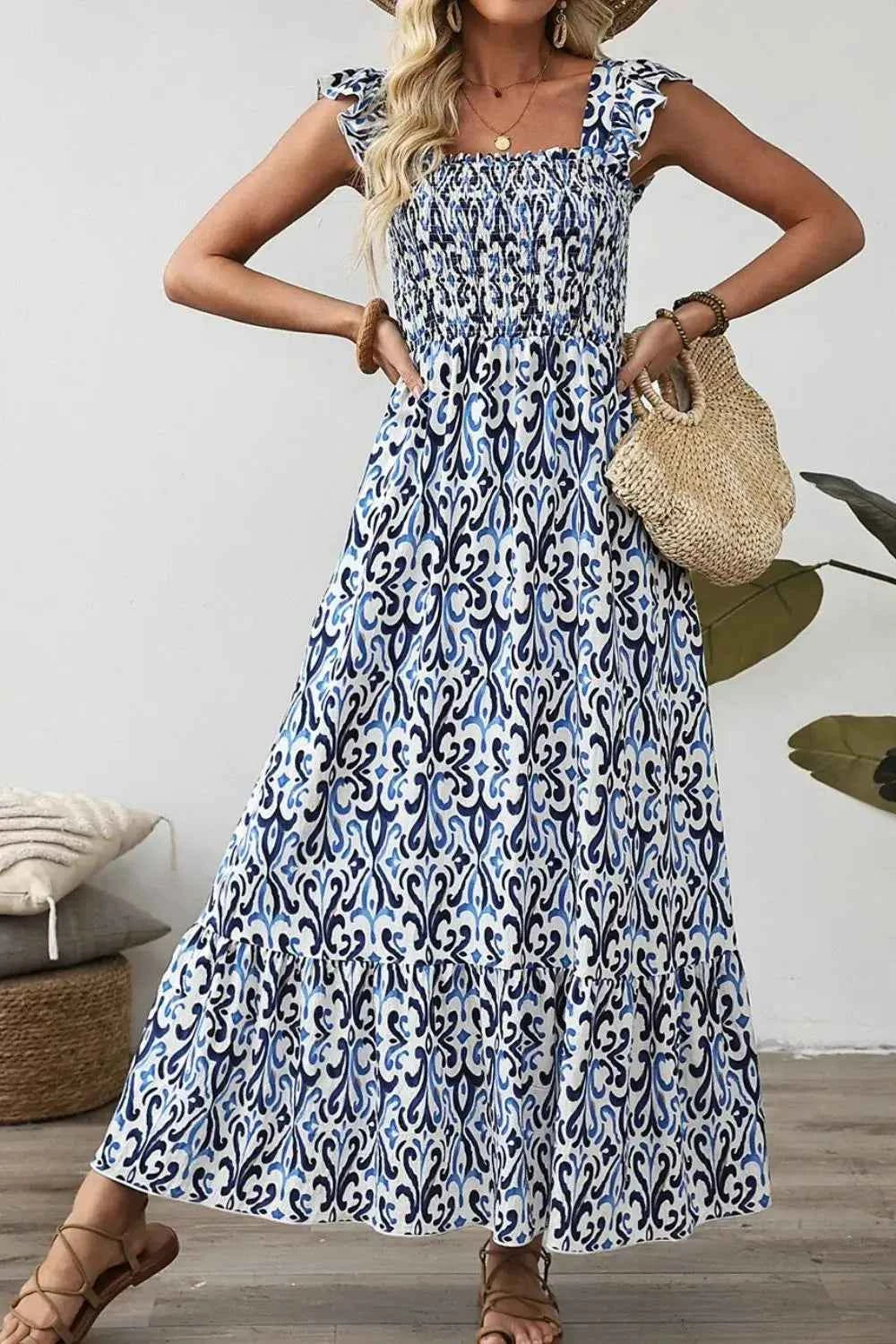 Smocked Printed Square Neck Boho Tiered Midi Dress