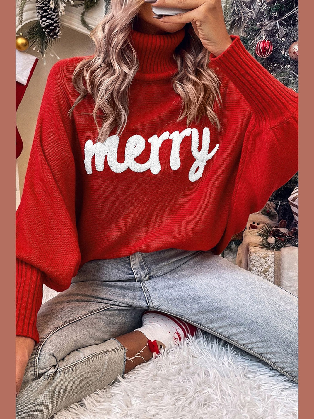 Double Take Full Size Merry Christmas Turtleneck Long Sleeve Sweater