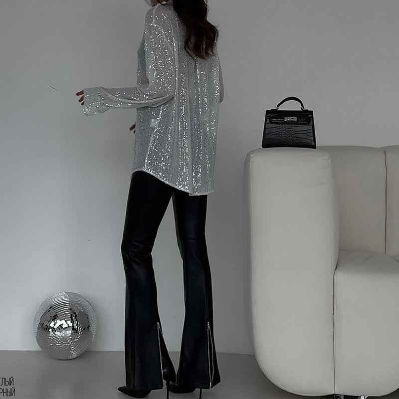 Elegant Women's Sequin Shirt - Stylish Long Sleeve Button-Up Blouse With Glitter Details, Perfect For Party & Casual To Formal Wear