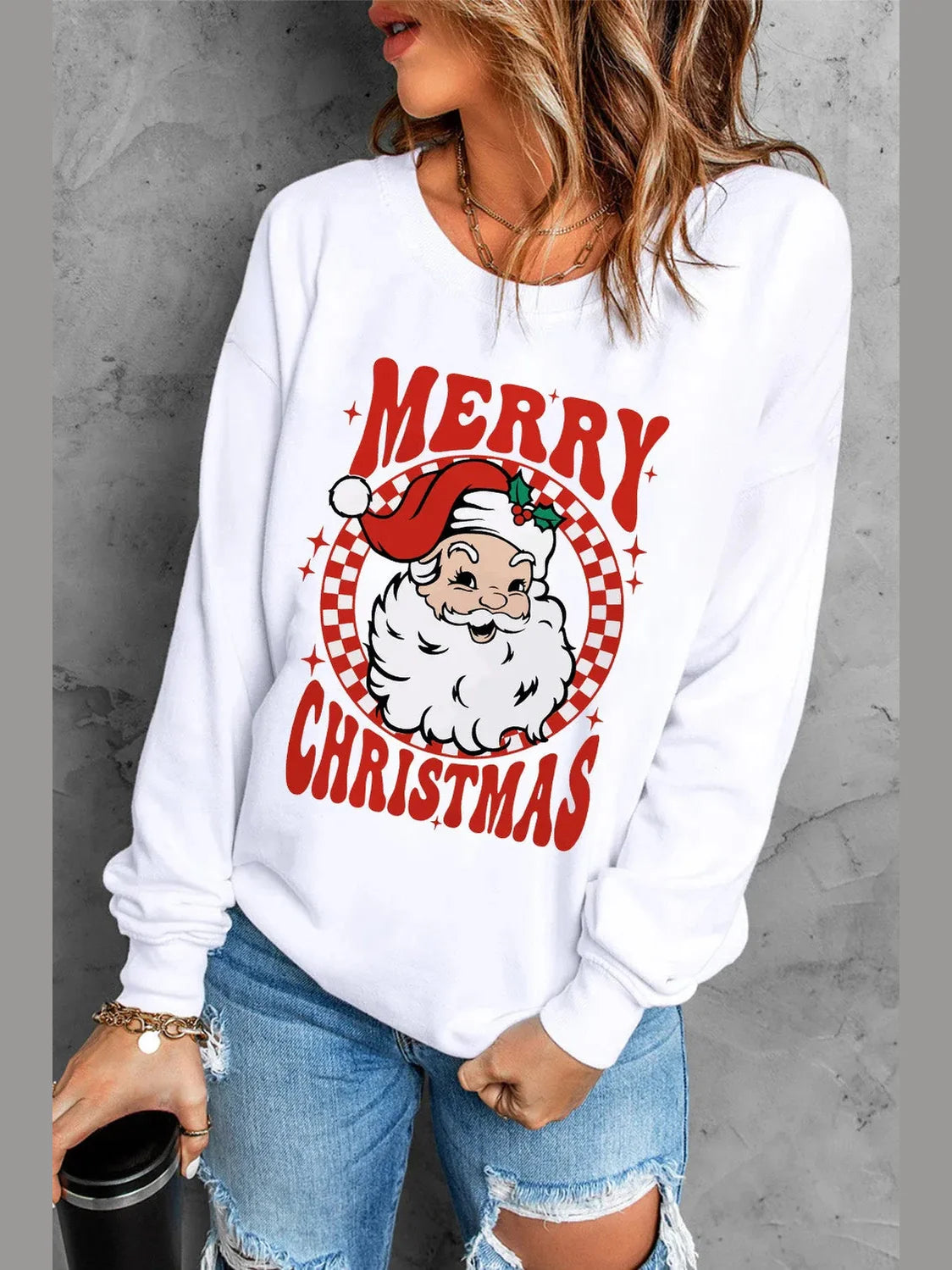 Santa Graphic Round Neck Long Sleeve Sweatshirt