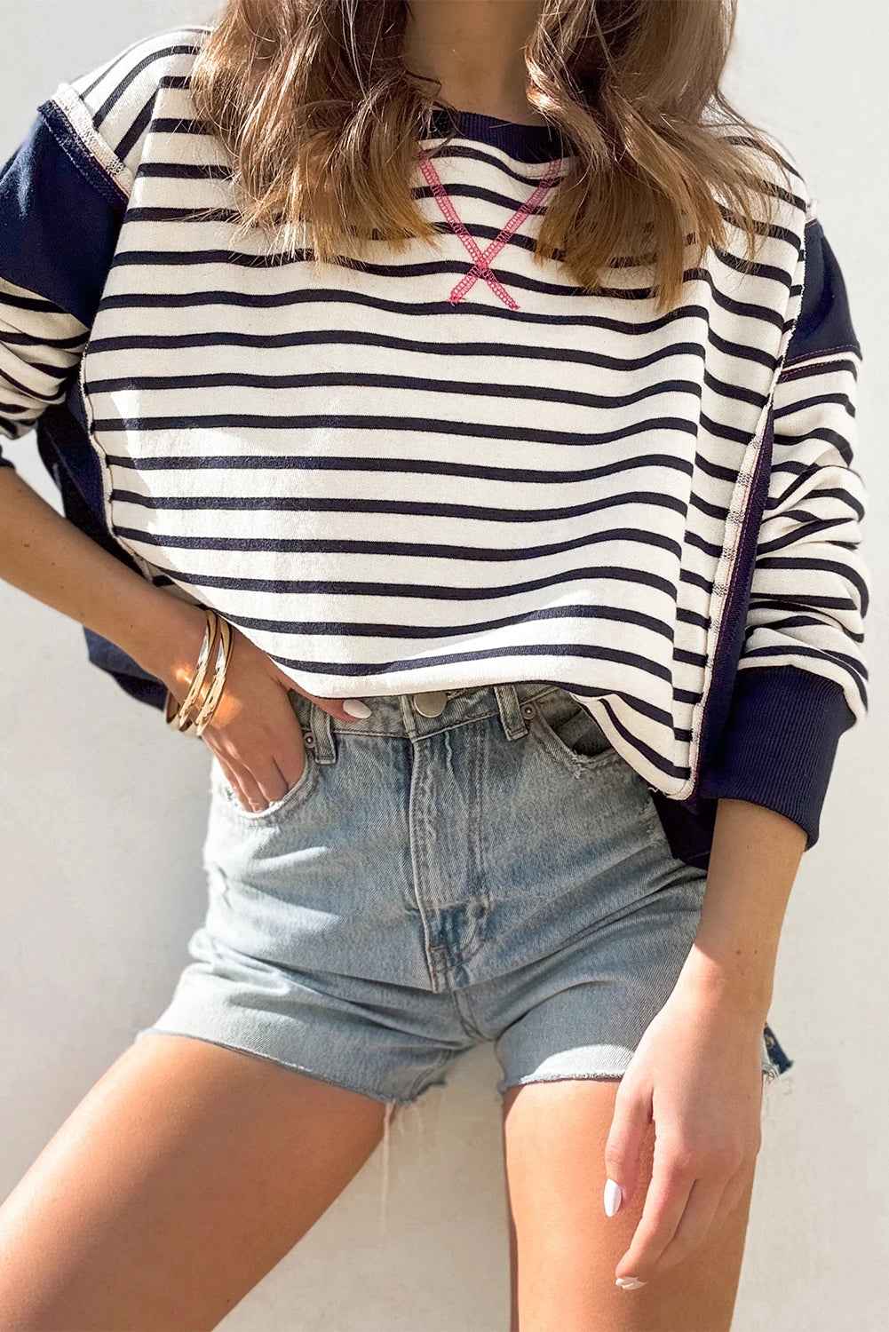 White Stripe Patchwork Exposed Seam Loose Fit Sweatshirt