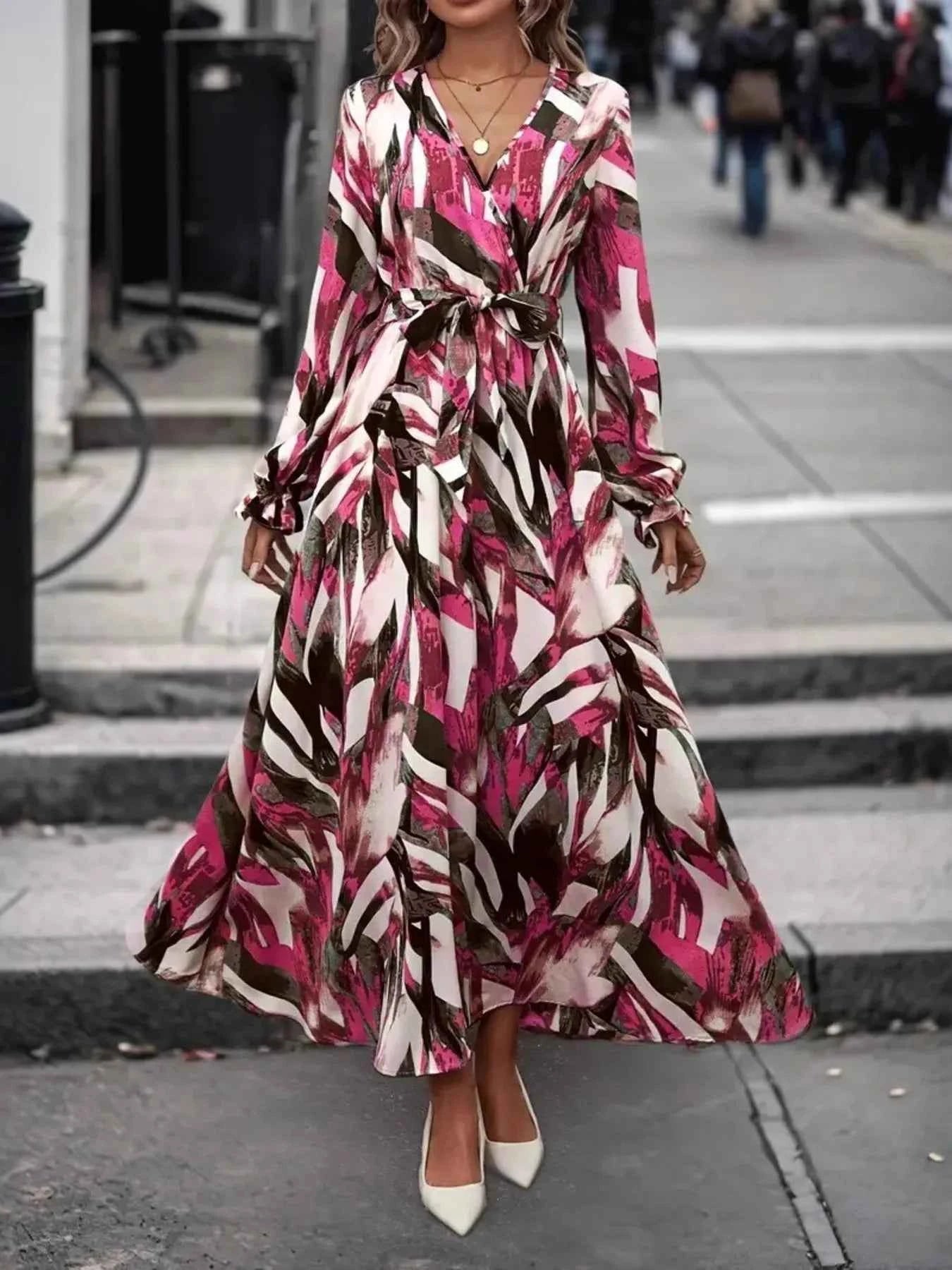 Printed Surplice Flounce Sleeve Maxi Dress