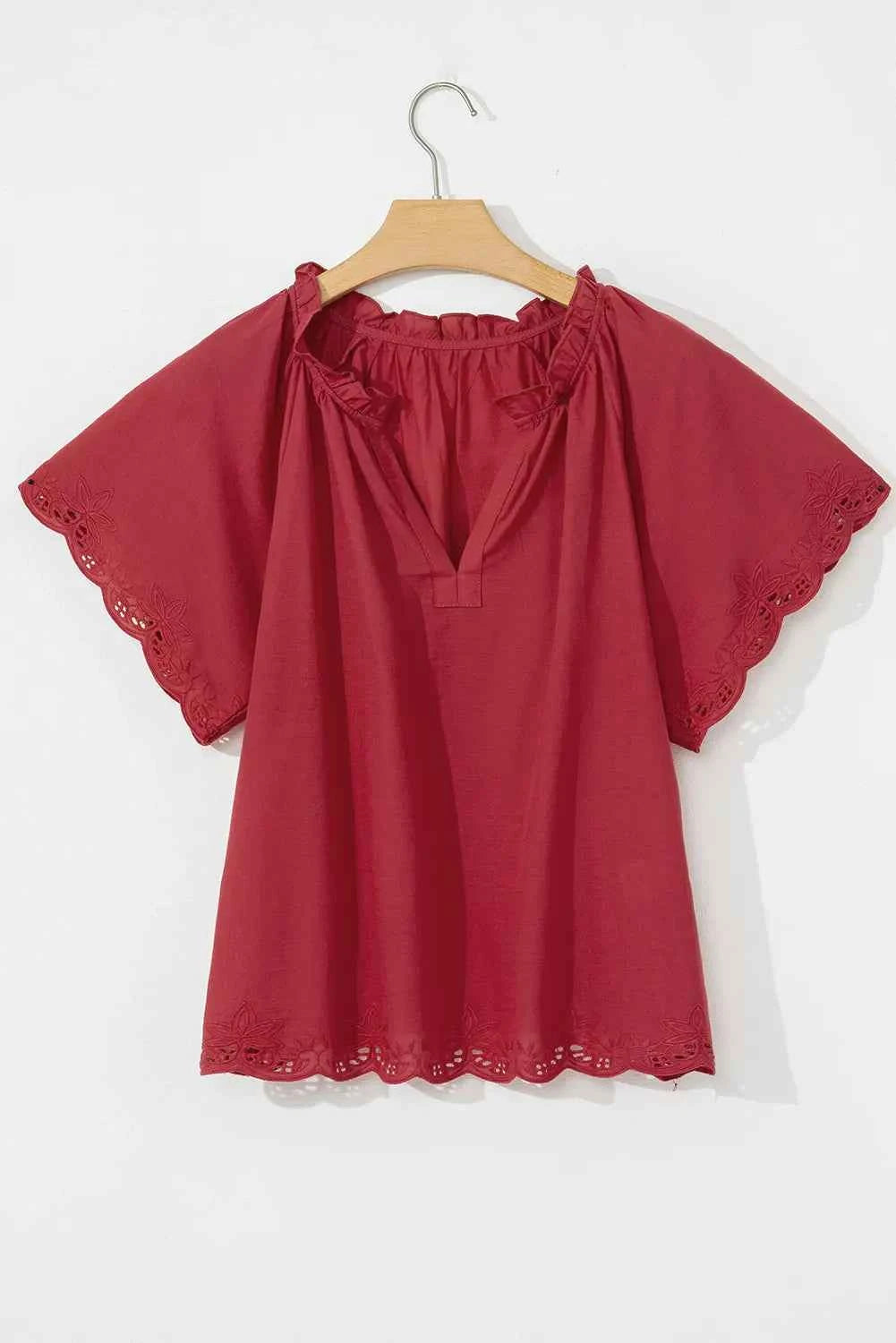 Floral Embroidered Scallop Trim Short Sleeve Notched Blouse