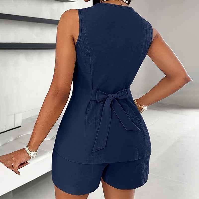 Women's 2 Piece Summer Outfit Sleeveless V-Neck Button Down Vest And Shorts Set