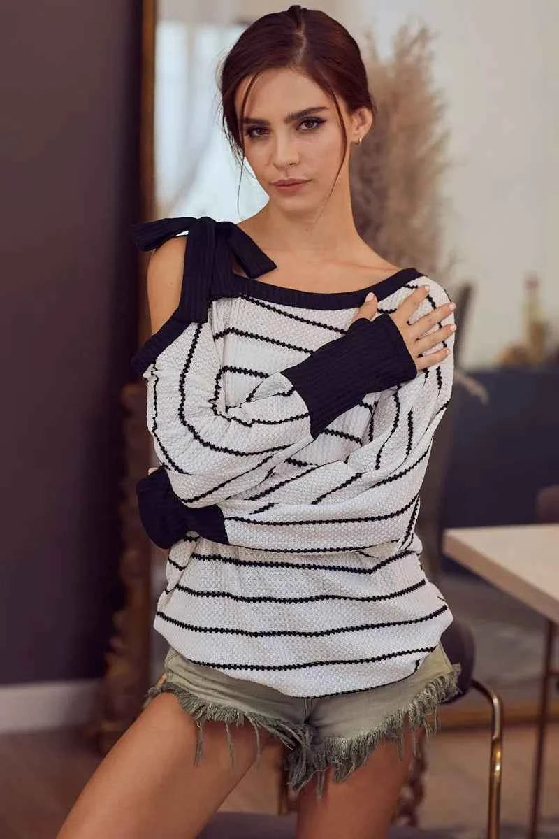 BiBi Stripe Yarn Dye Waffle One Shoulder Ribbon Detail Top