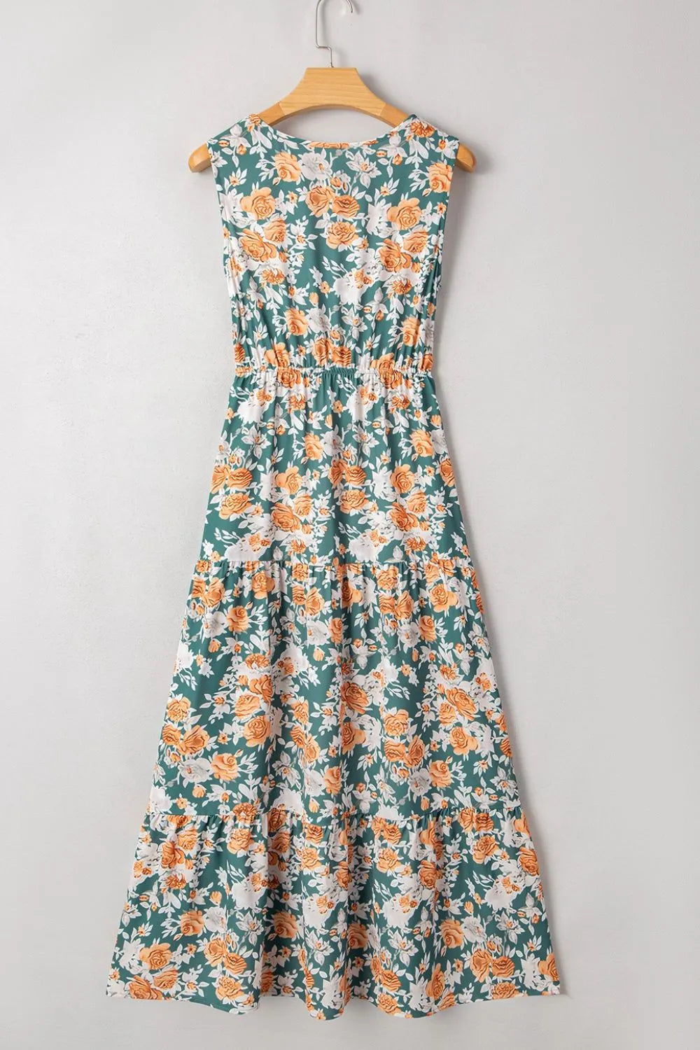 Floral Print Trimmed V Neck Tie Waist Sleeveless Dress - The Eggy's store