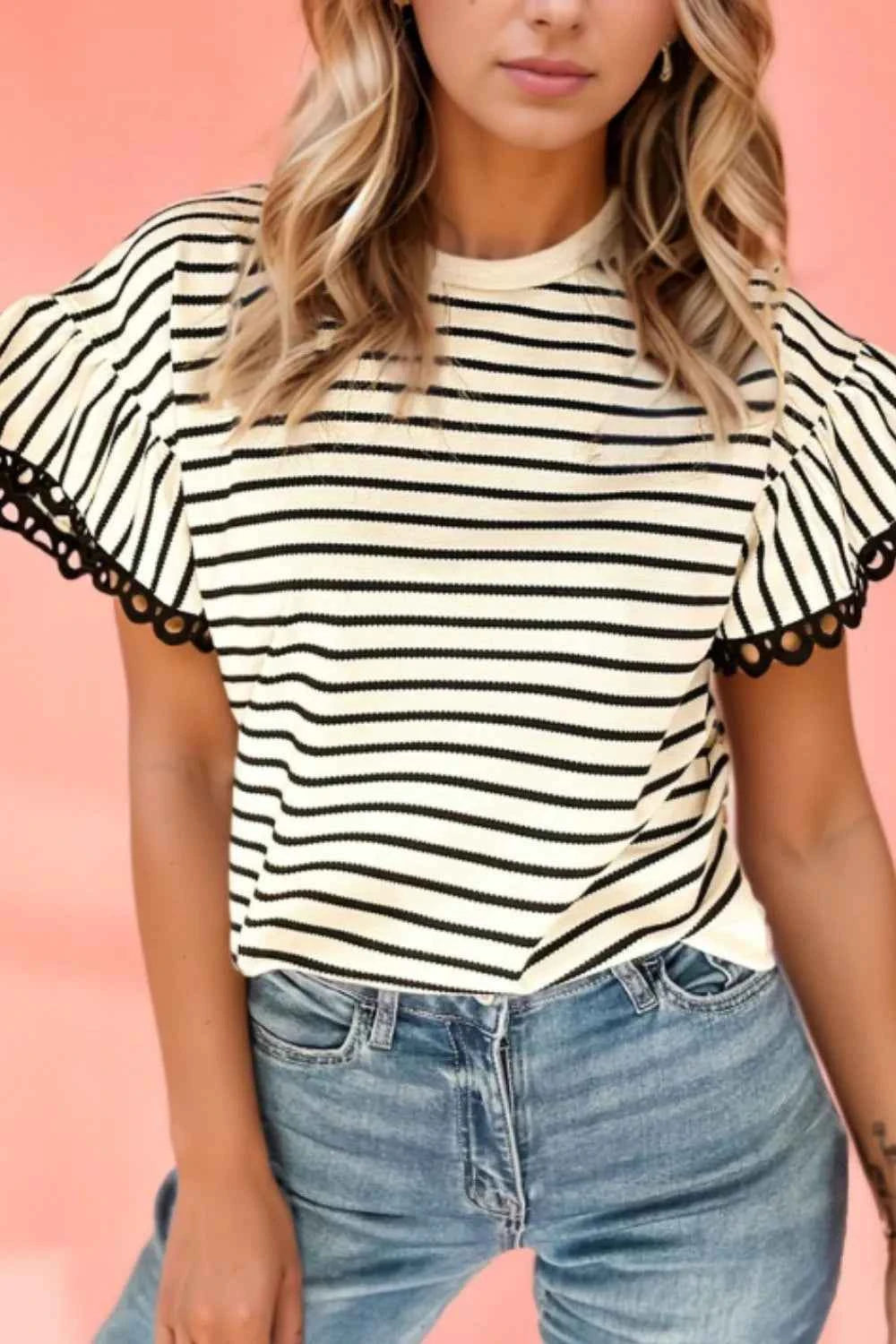 Striped Round Neck Ruffle Sleeve Blouse