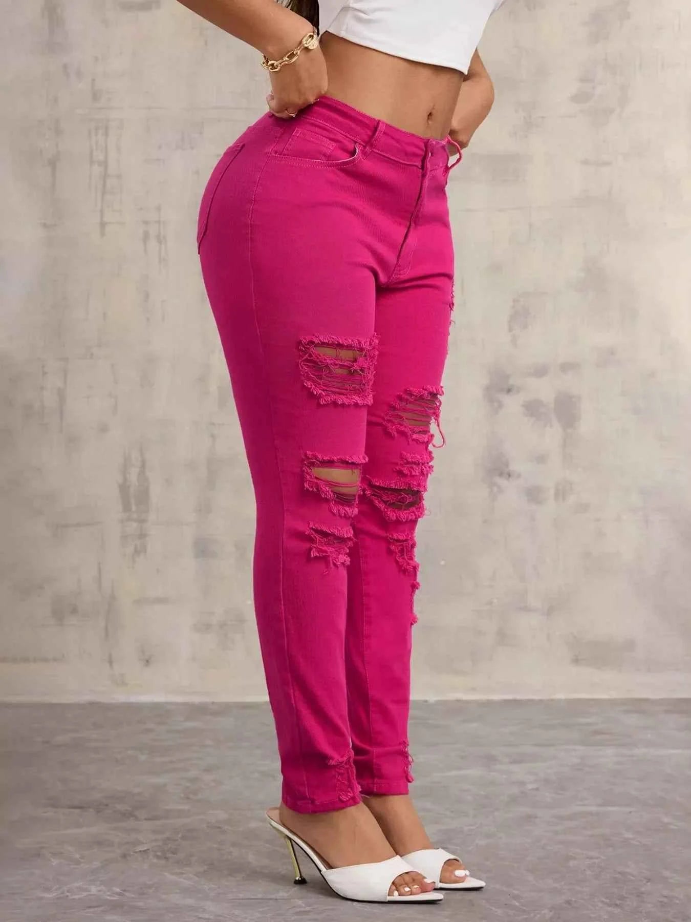 Fuchsia Fierce Distressed High-Waisted Skinny Jeans