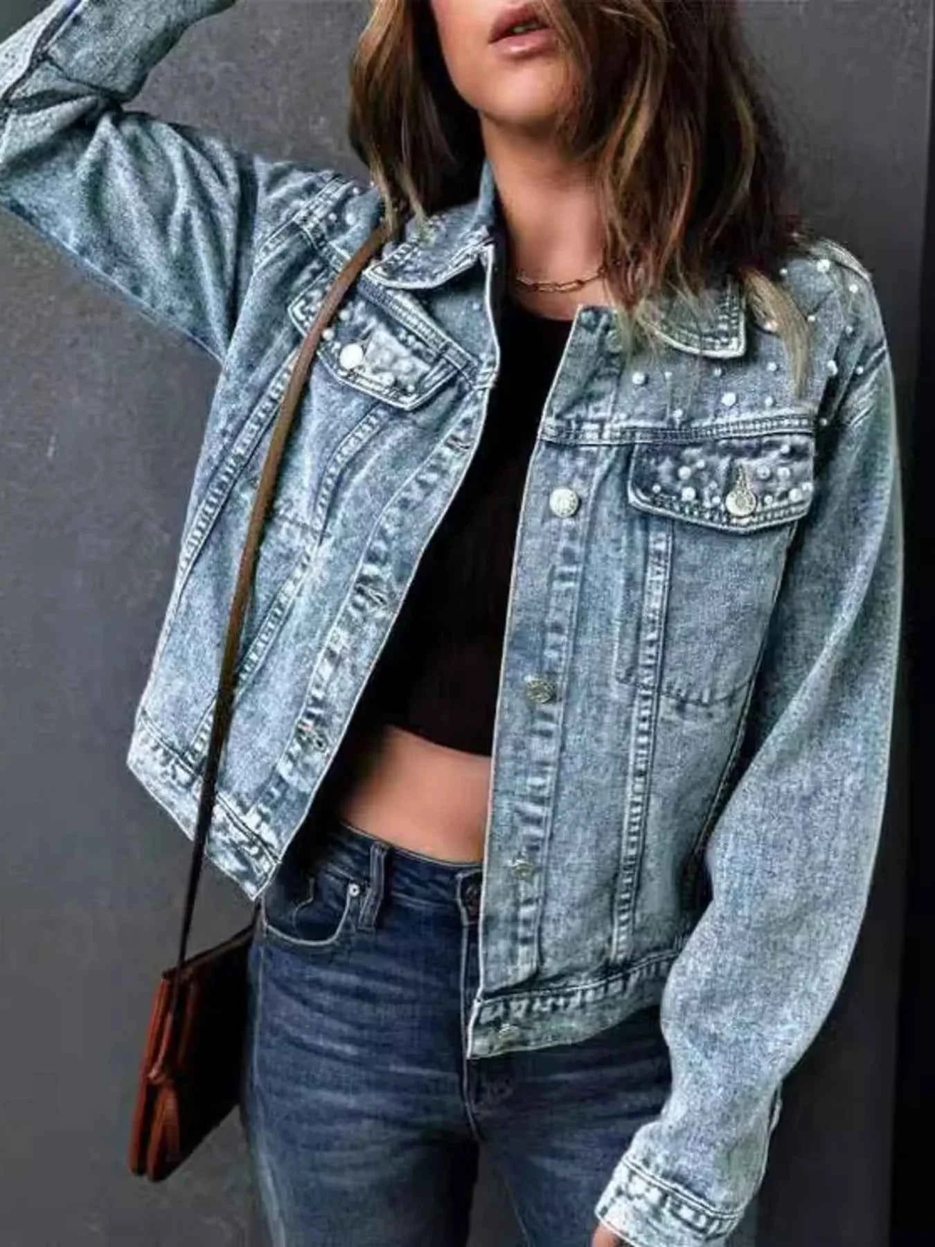 Full Size Pearl Detail Button Up Long Sleeve Denim Jacket Plus Size