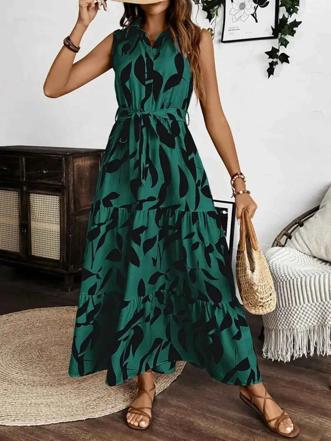 Printed Tie Waist Sleeveless Maxi Dress