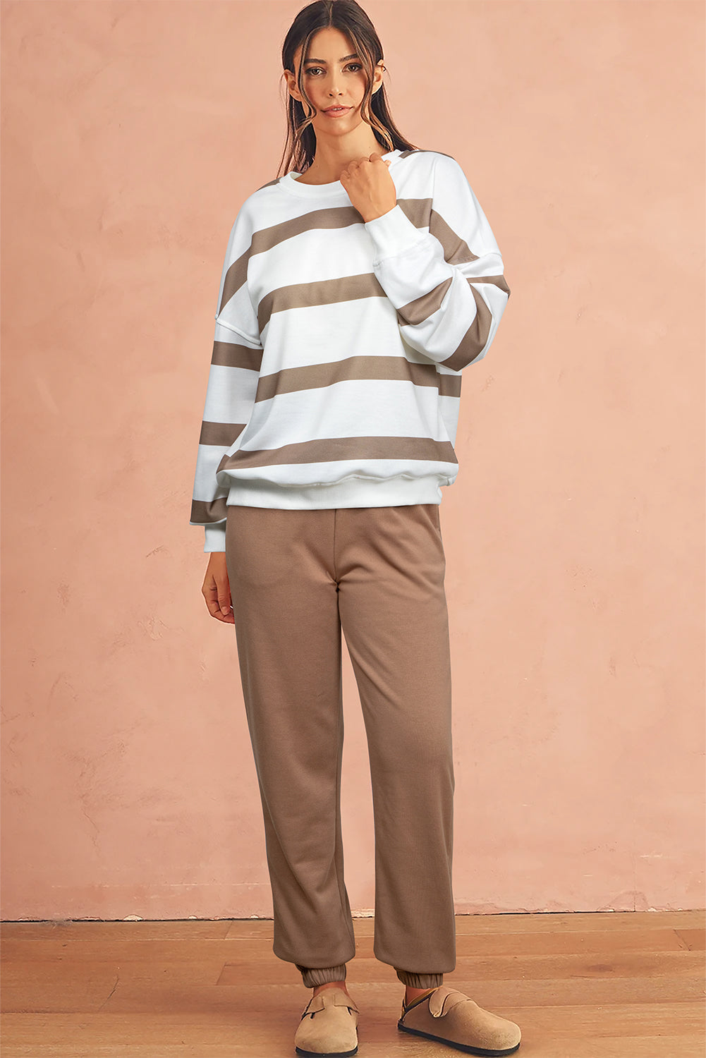 Light French Beige Striped Drop Shoulder Pullover and Joggers Set - The Eggy's store