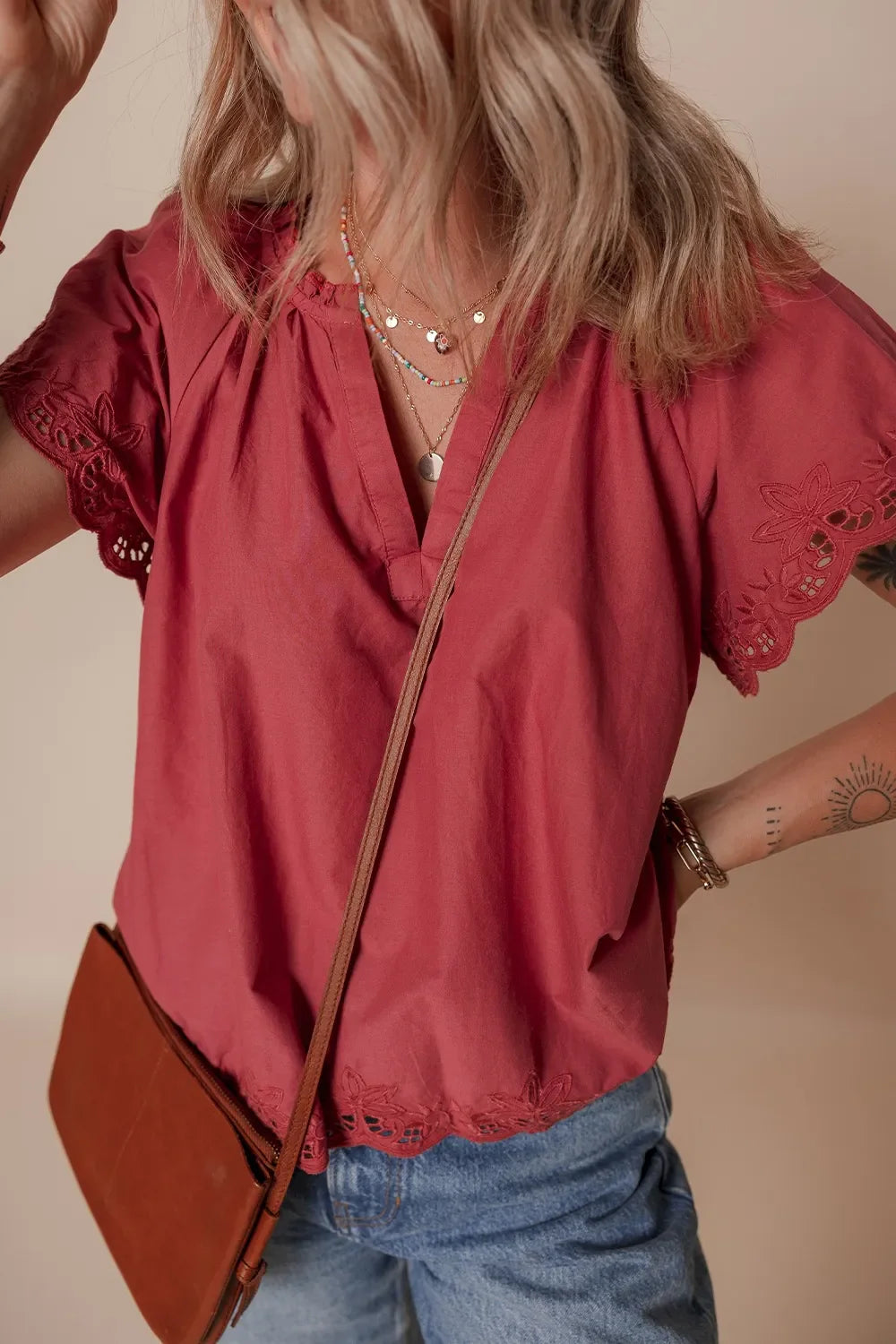 Floral Embroidered Scallop Trim Short Sleeve Notched Blouse - The Eggy's store