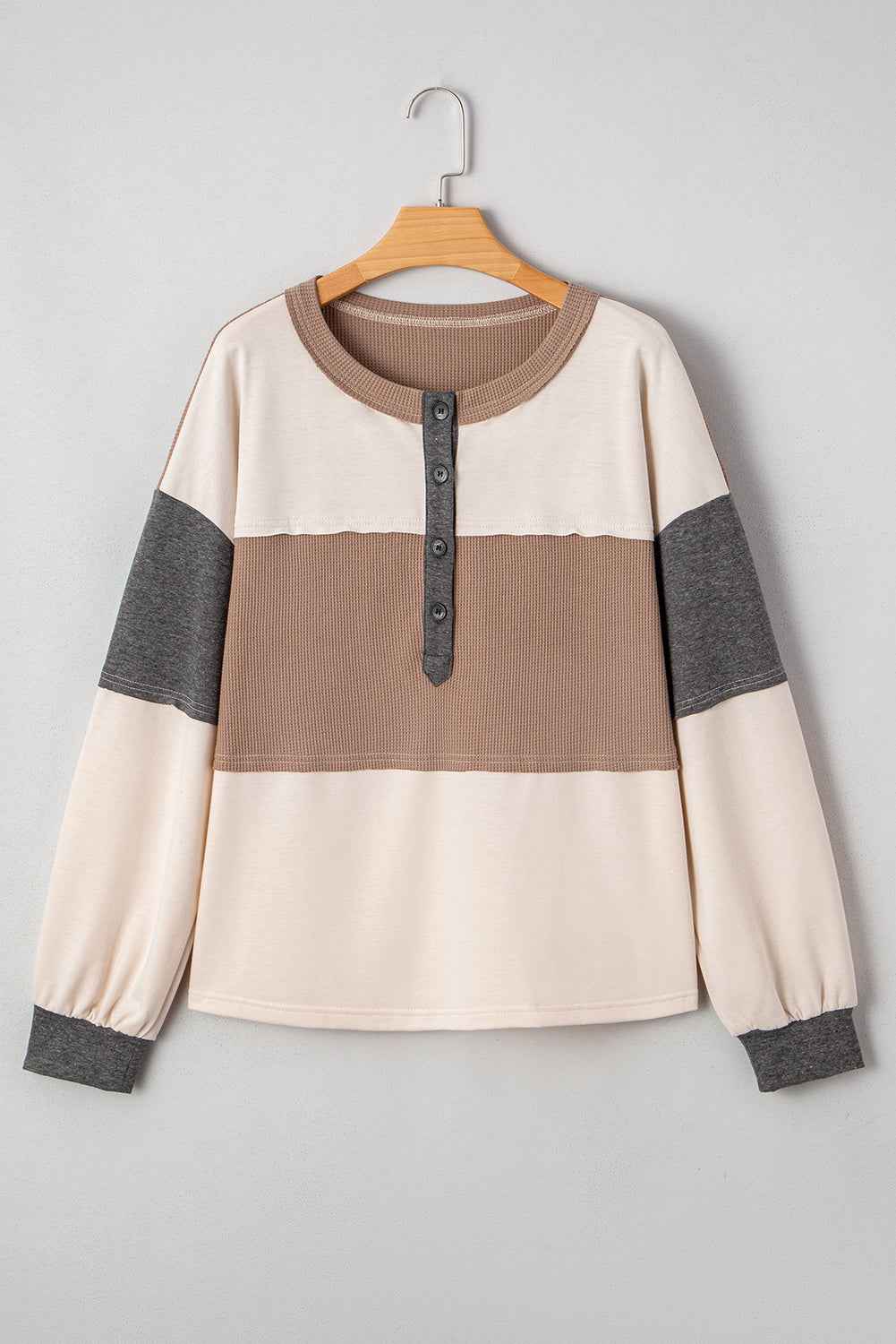 Colorblock Waffle Knit Patchwork Henley Top