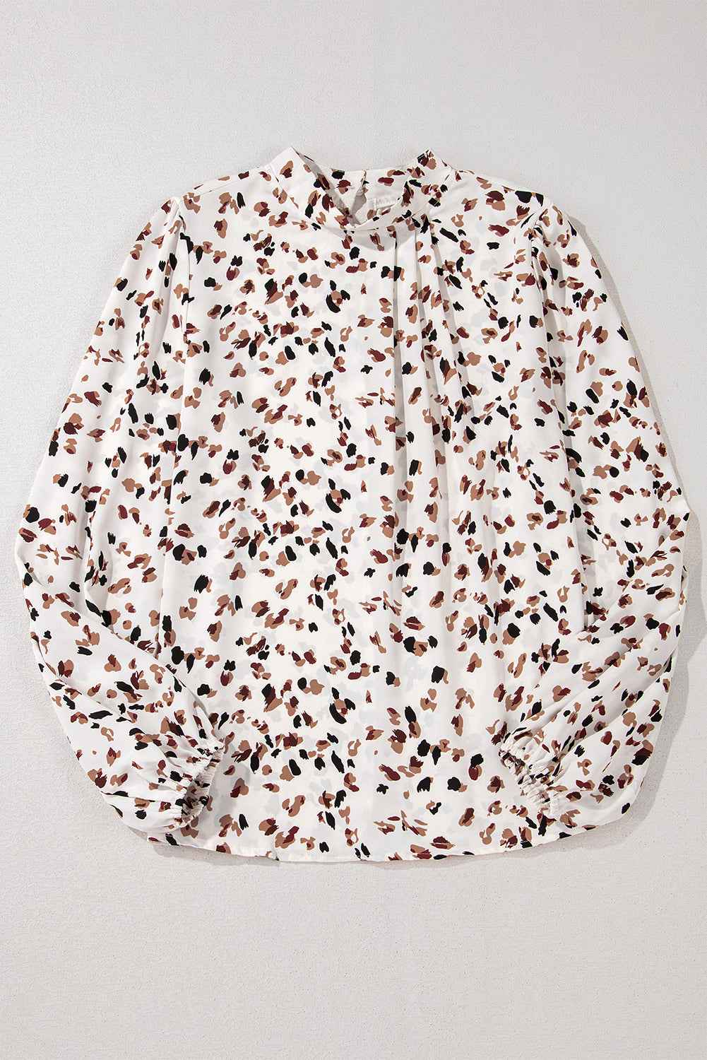 White Leopard Print Puff Sleeve Mock Neck Pleated Blouse
