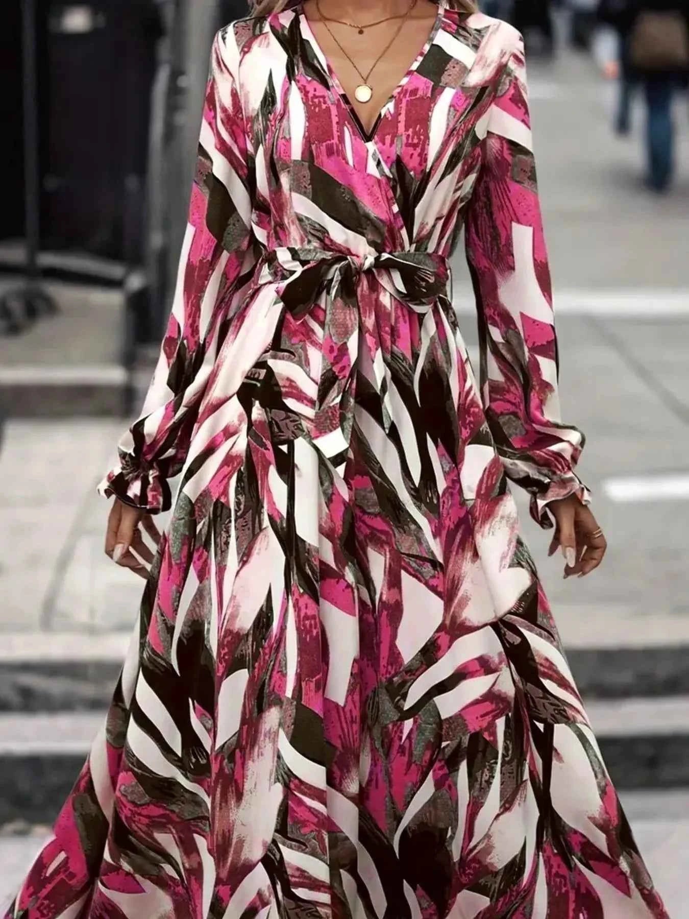 Printed Surplice Flounce Sleeve Maxi Dress