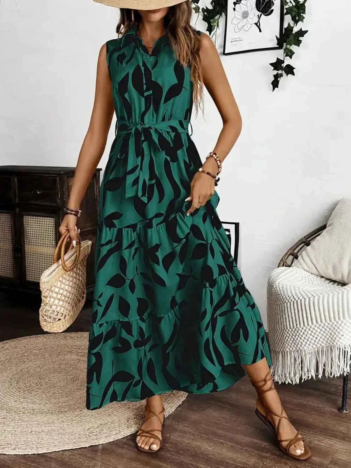 Printed Tie Waist Sleeveless Maxi Dress