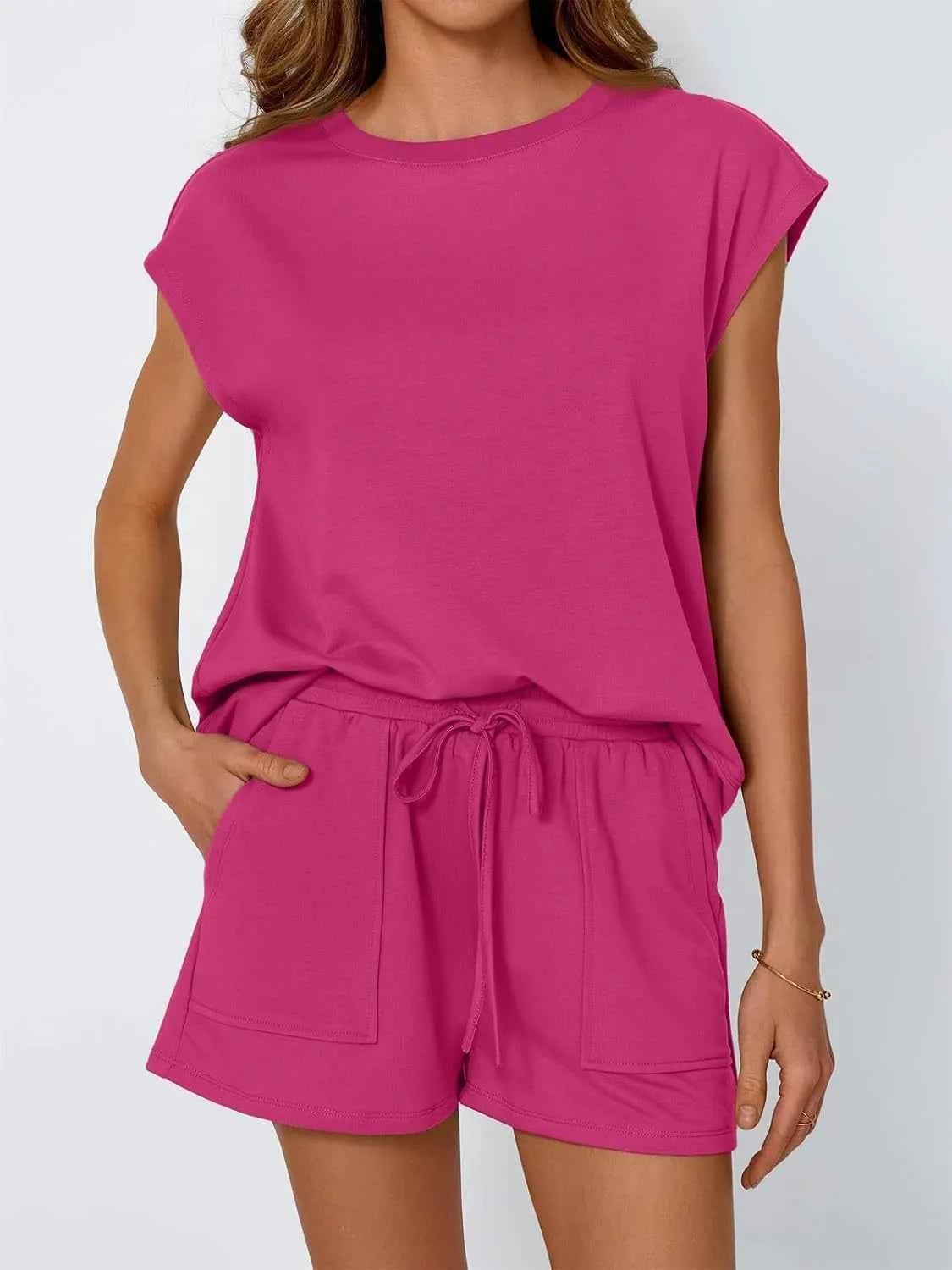 Round Neck Cap Sleeve Top and Shorts Set
