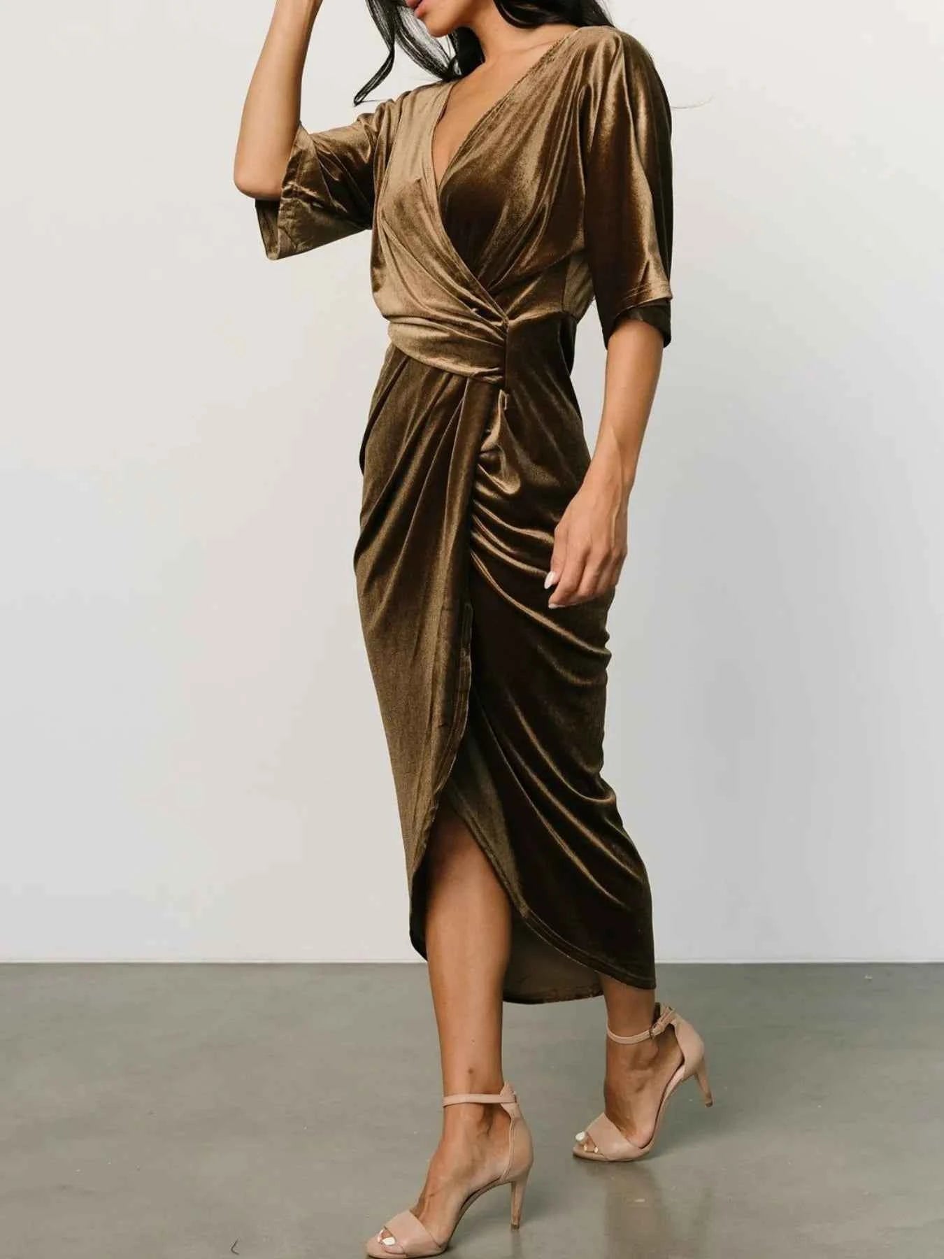 Ruched Surplice Half Sleeve Dress