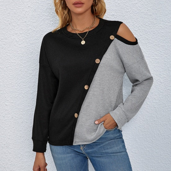 Women's Knitted Long Sleeve Top - Patchwork Versatile Long Sleeve Knitted Women's Top - The Eggy's store