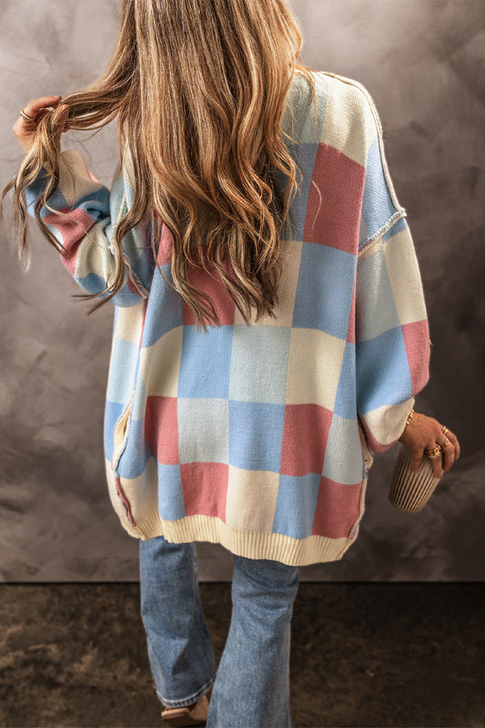 Checkered Drop Shoulder Open Front Cardigan