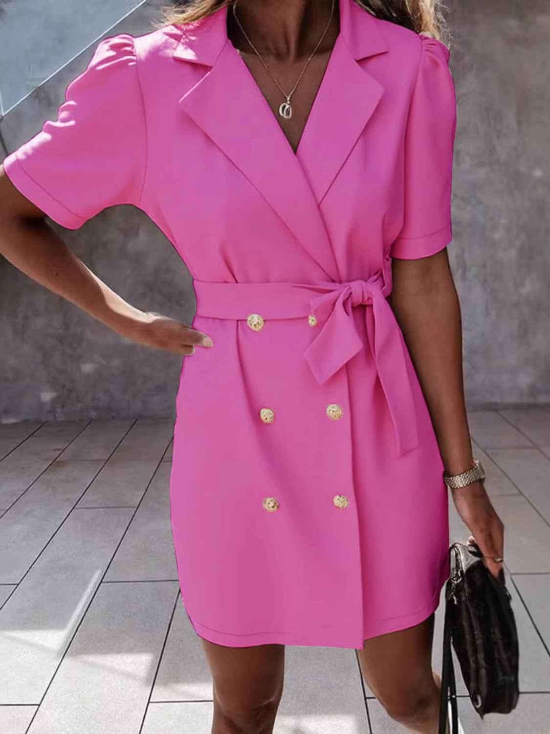 Lapel Collar Short Sleeve Tie Waist Mini Dress