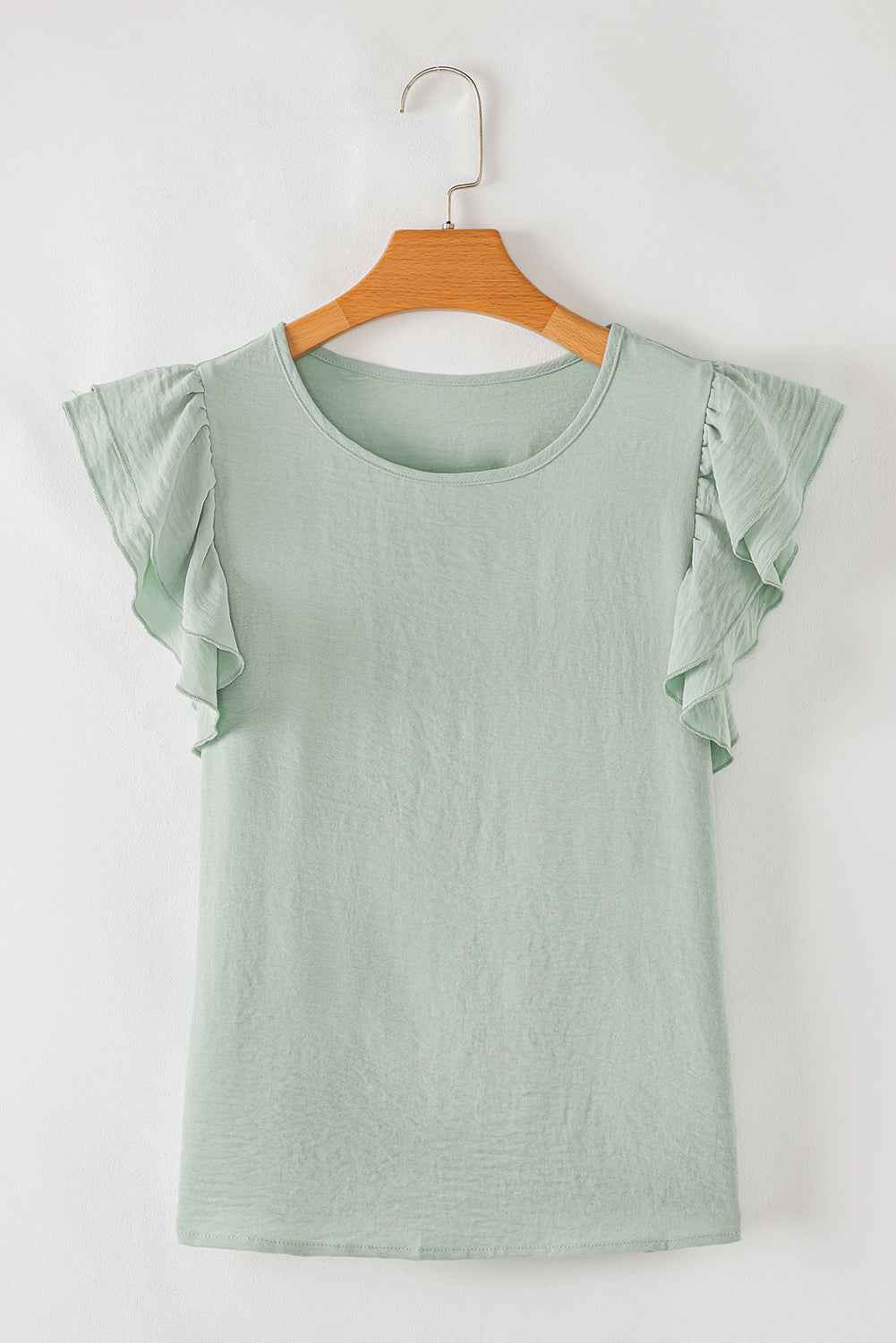Clearly Aqua Solid Color Ruffle Sleeve Crinkled Blouse