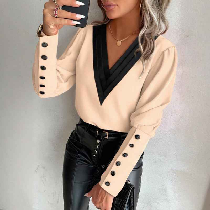 Women's V-Neck Contrast Trim Long Sleeve Blouse With Button Cuff Detail - Casual Comfort Top For Spring&Fall
