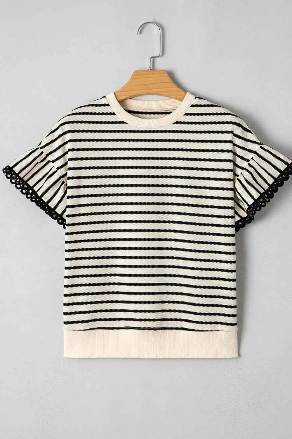Striped Round Neck Ruffle Sleeve Blouse