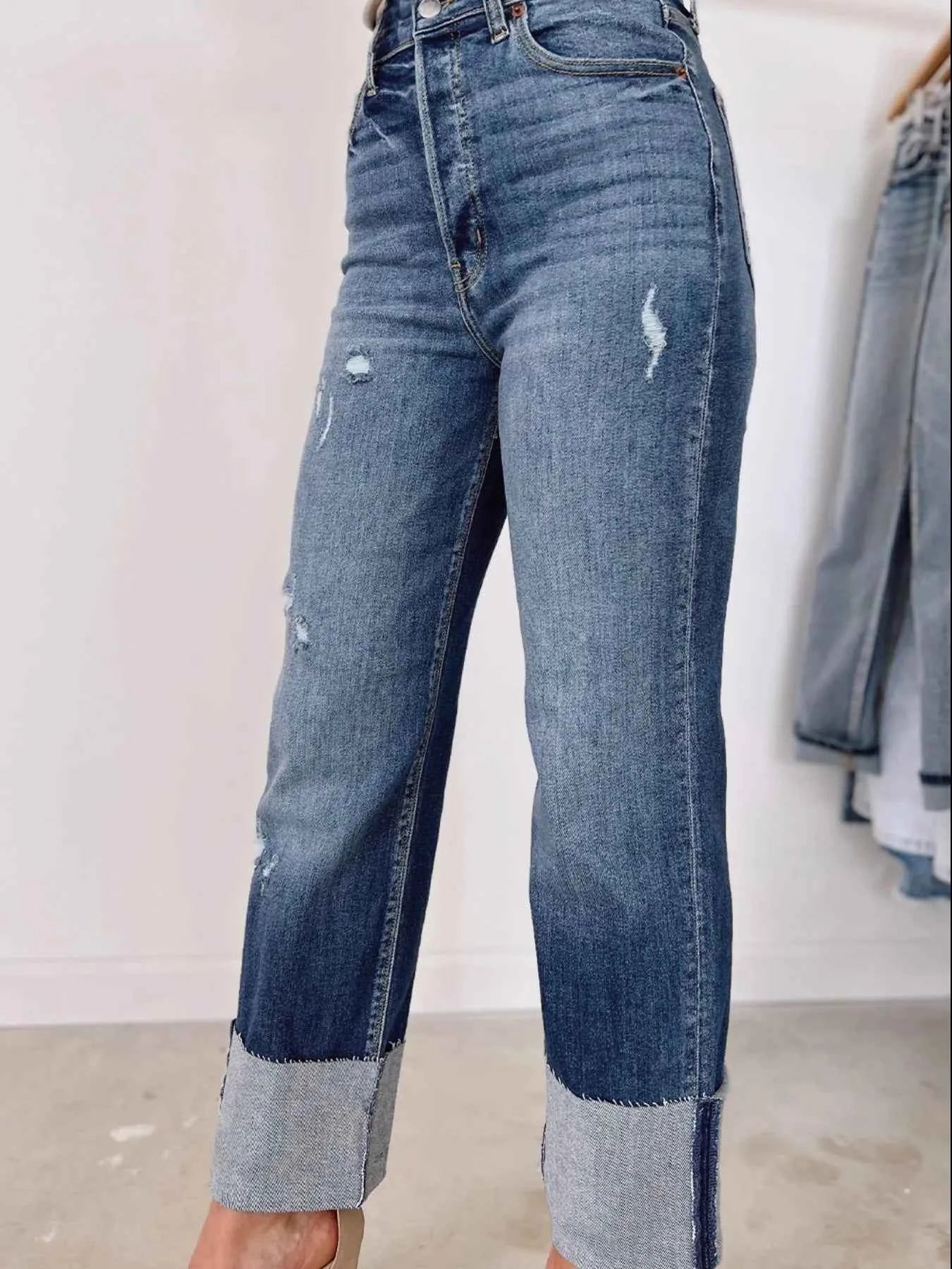 High Waist Distressed Straight Leg Jeans