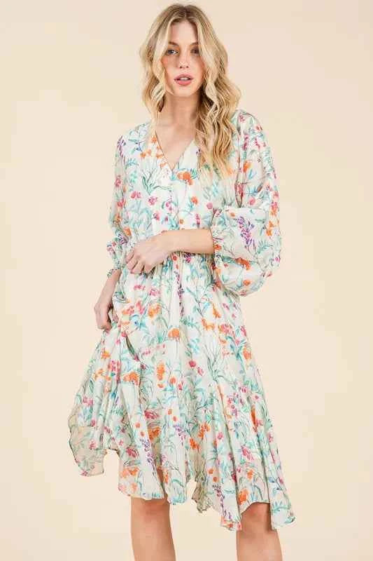 Lime 'N' Chili Floral Cinched Waist Balloon Sleeve V-Neck Dress