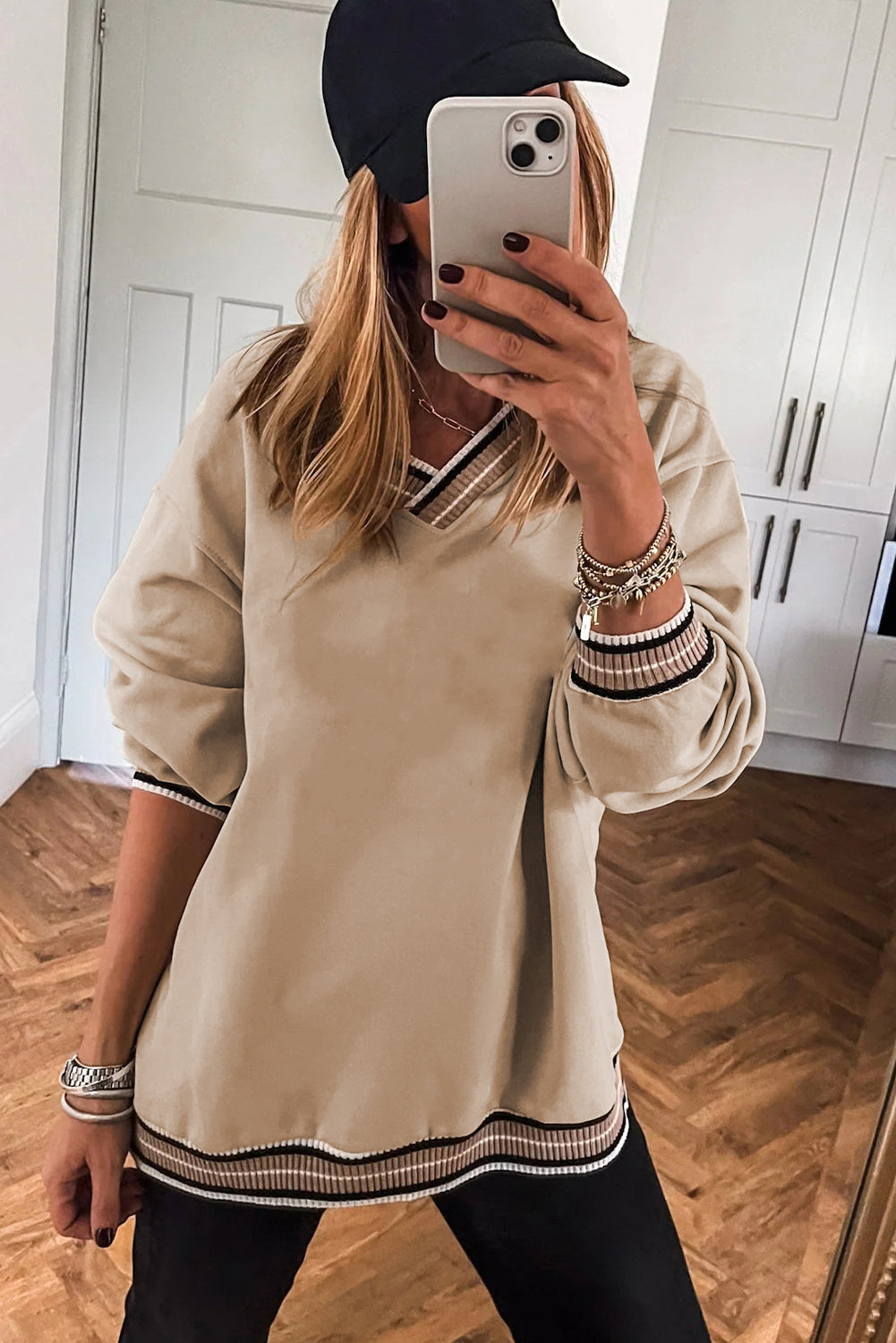 Navy Blue Varsity Contrast Striped Trim V Neck Women's Sweatshirt