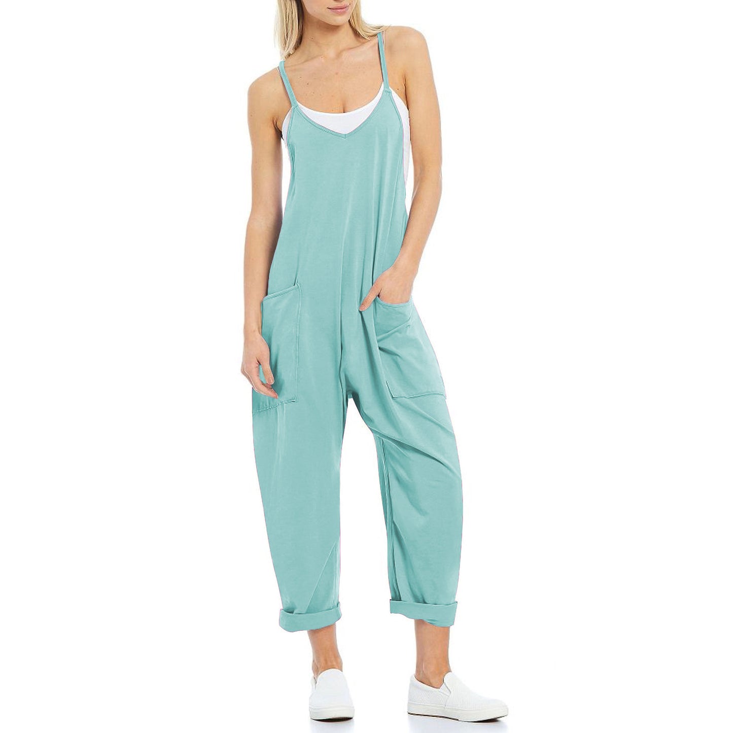 Women's Knitted One-Piece Trousers with Pocket and Spaghetti Straps - The Eggy's store